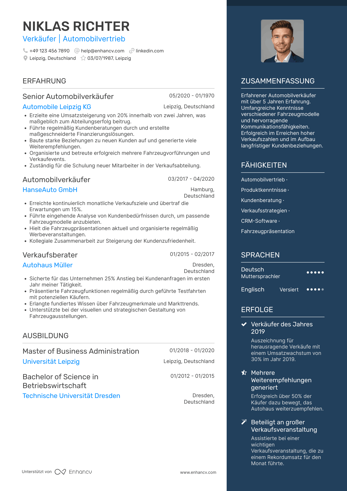 Lebenslauf in Verkäuferin im Autohaus Resume Example