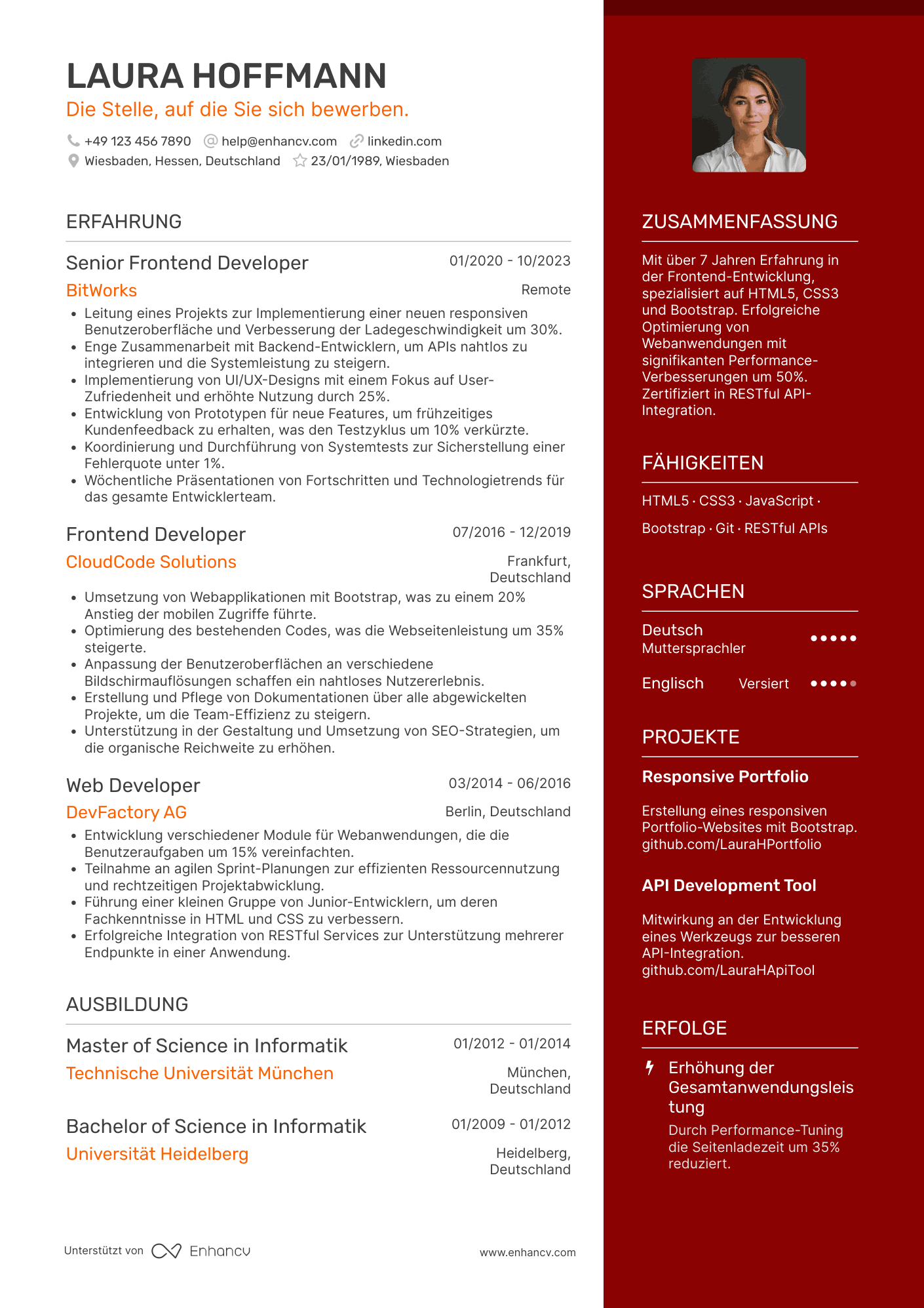 Lebenslauf als Frontend Entwickler für Bootstrap Resume Example