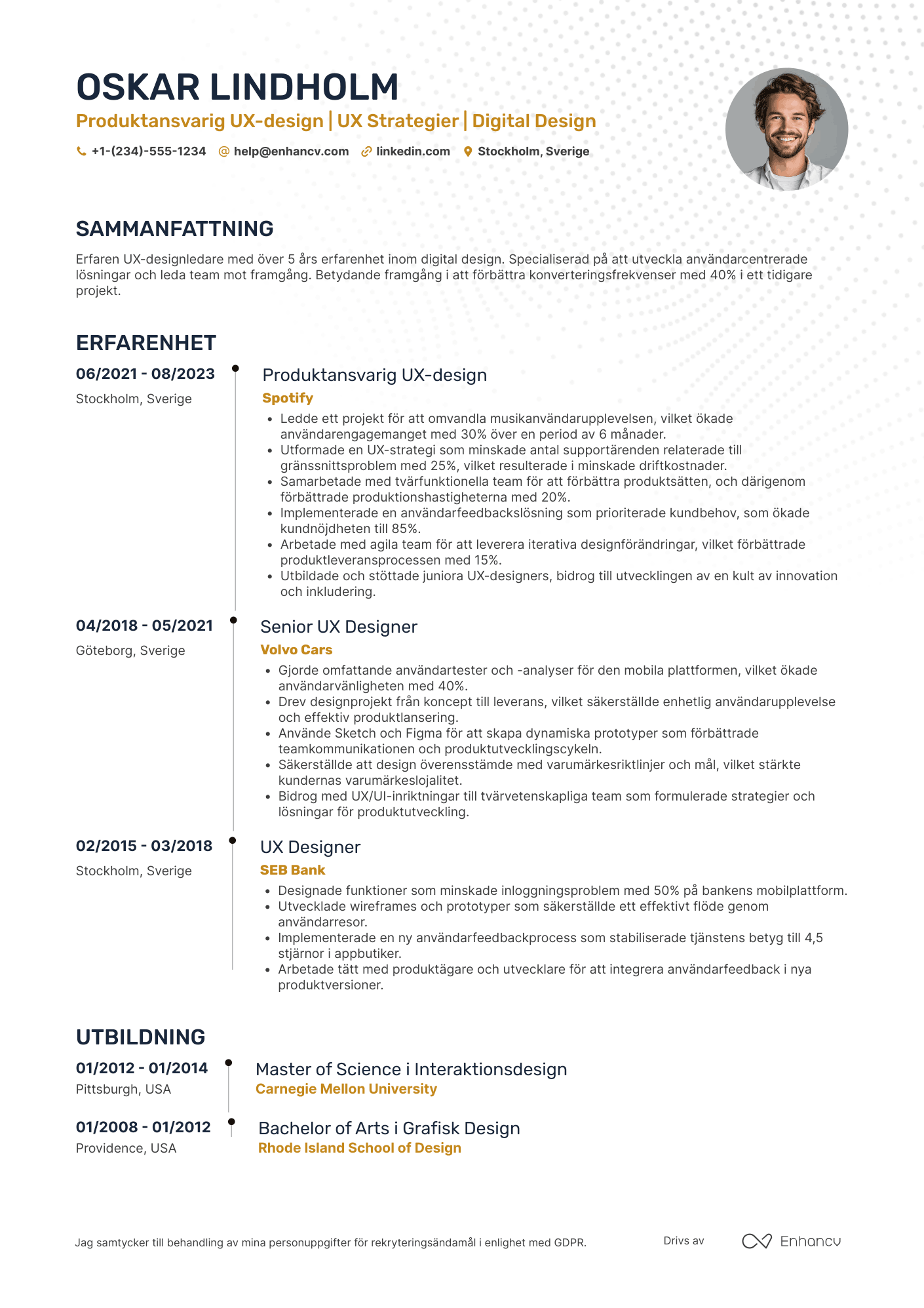 CV för Produktansvarig UX design Resume Example