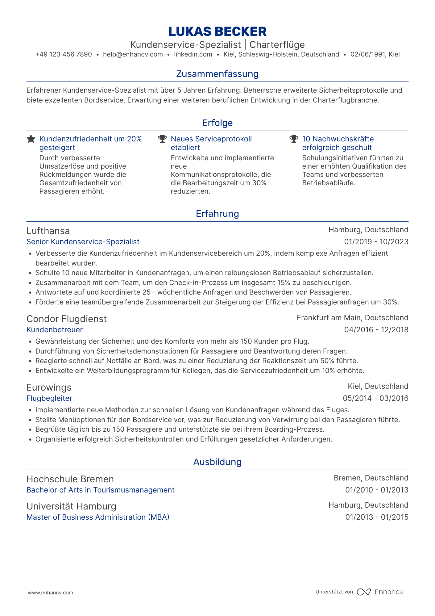 Lebenslauf in Flugbegleiter in der Charterflugbranche Resume Example
