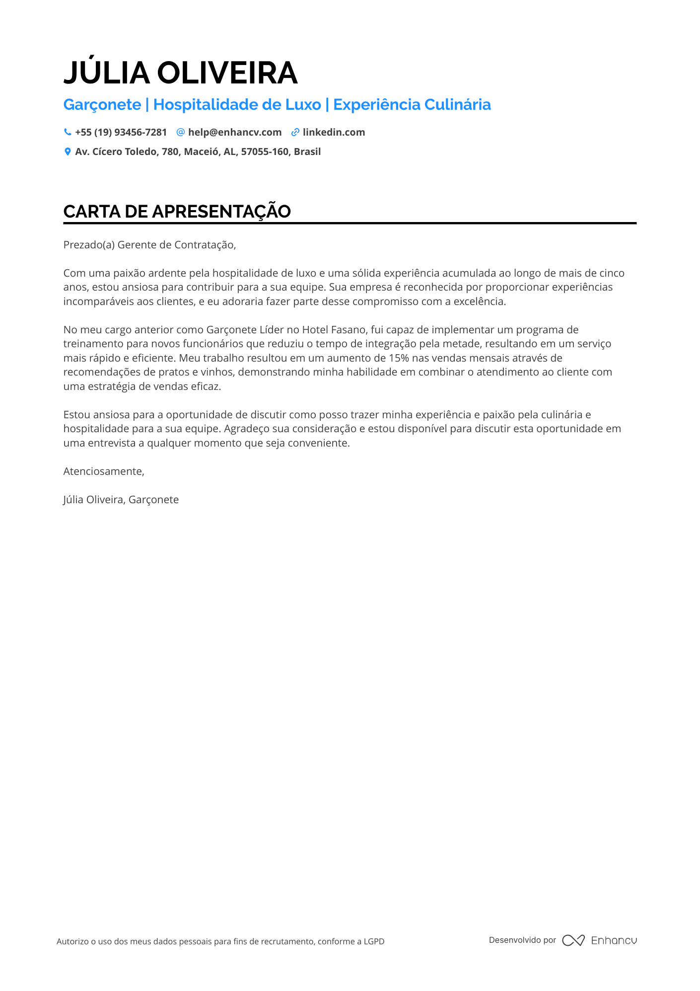 Garçom de Pizzaria Resume Example