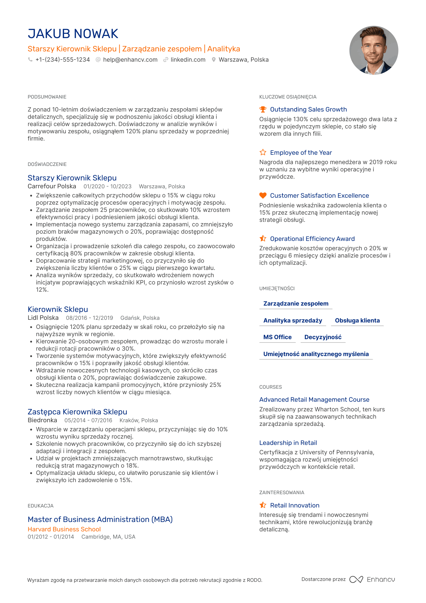 CV dla Starszy Kierownik Sklepu Resume Example