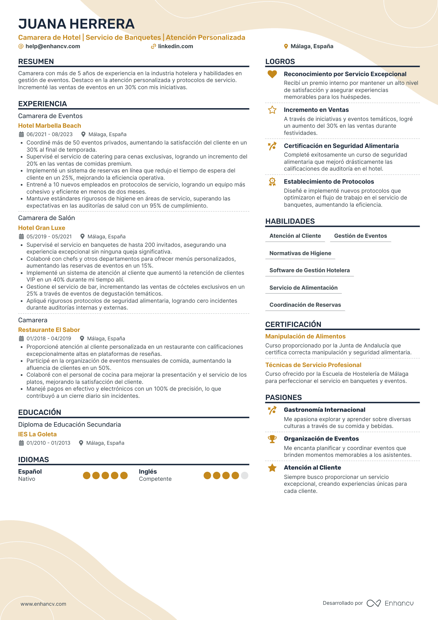 Camarero de Hostelería Resume Example