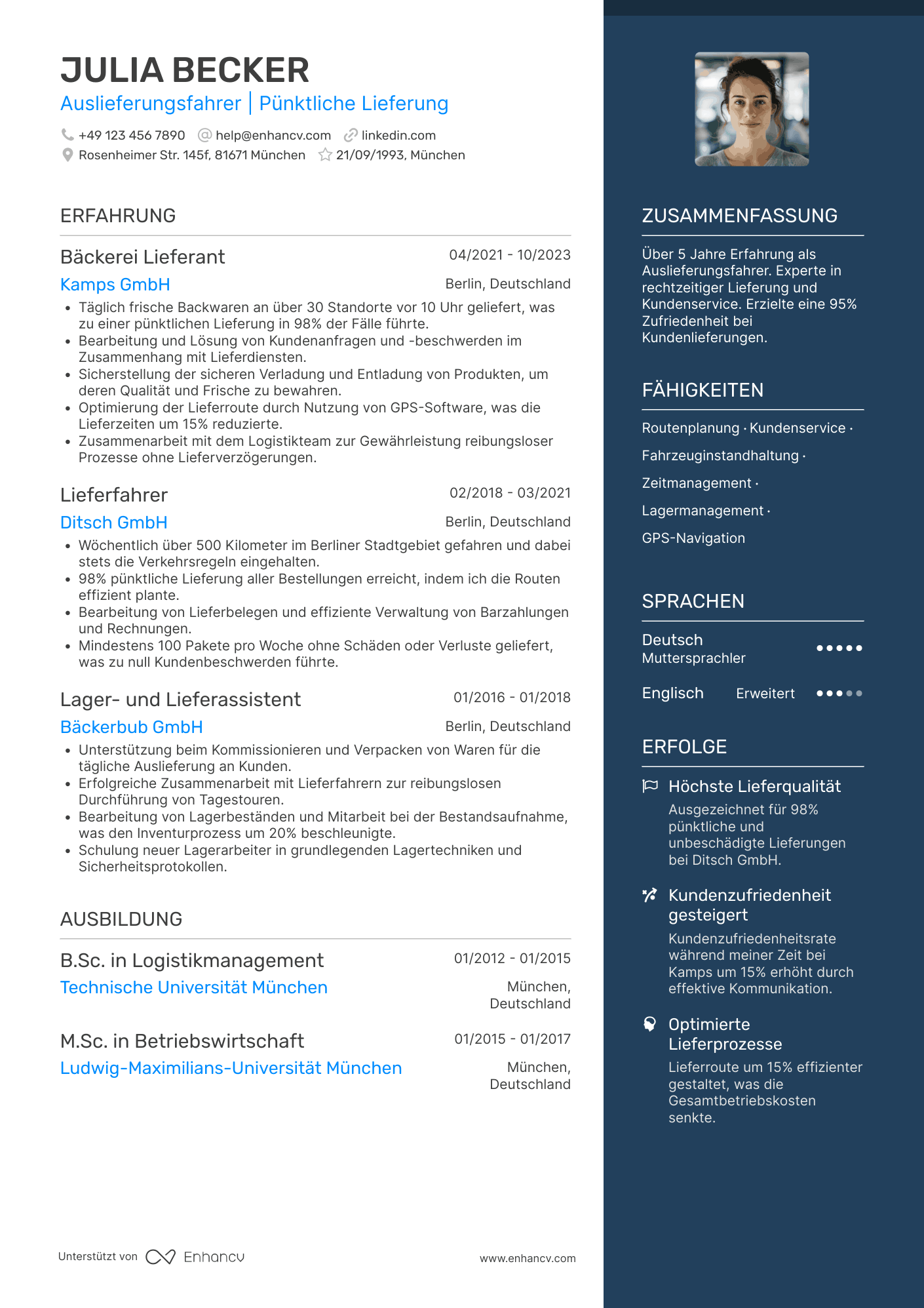 Lebenslauf als Bäckerei Lieferant Resume Example