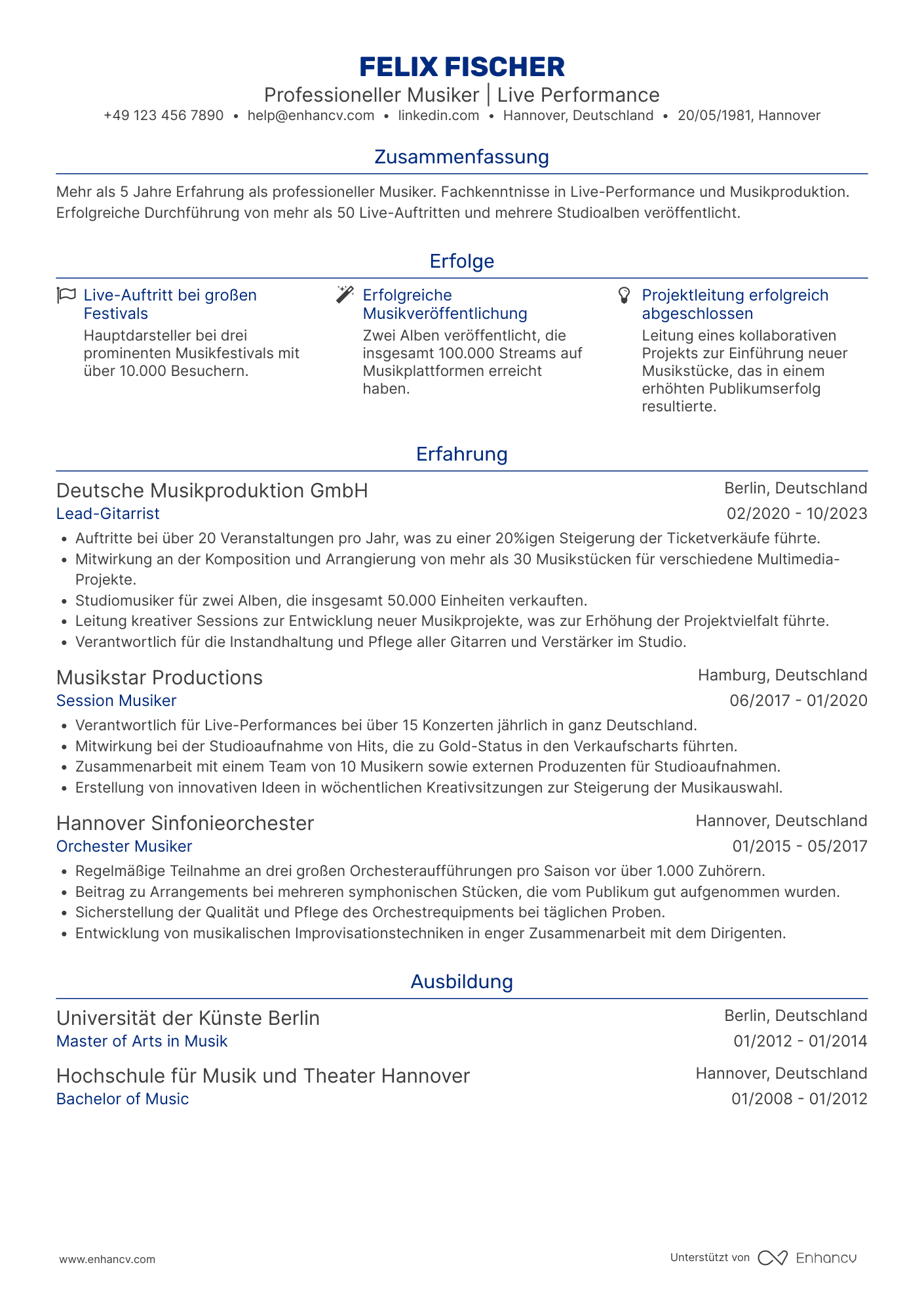 Lebenslauf als Professioneller Musiker Resume Example