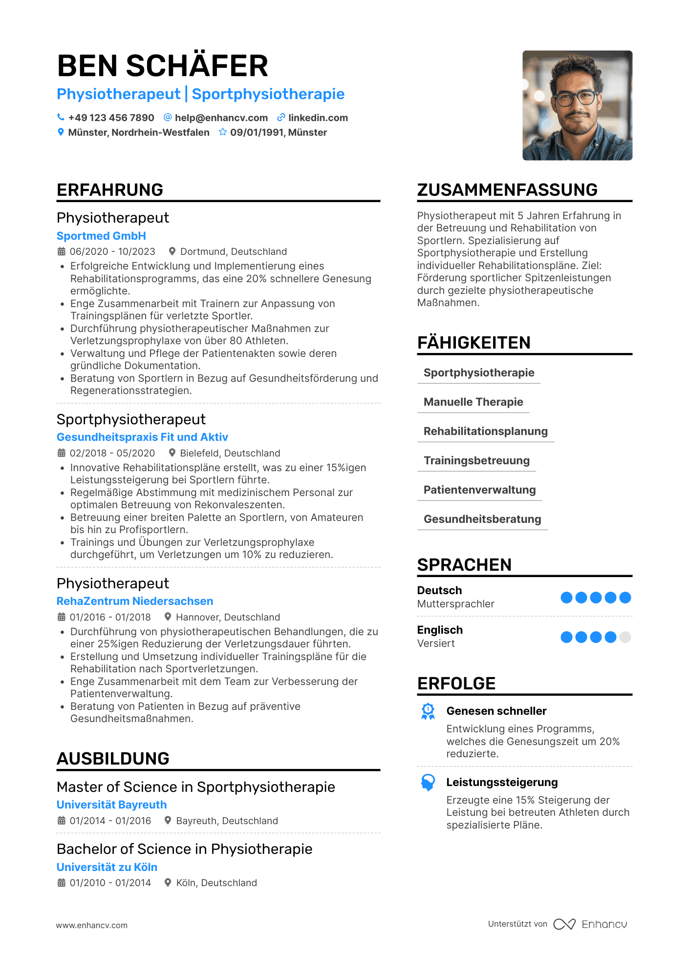 Lebenslauf in Physiotherapeut in einem Sportverein Resume Example