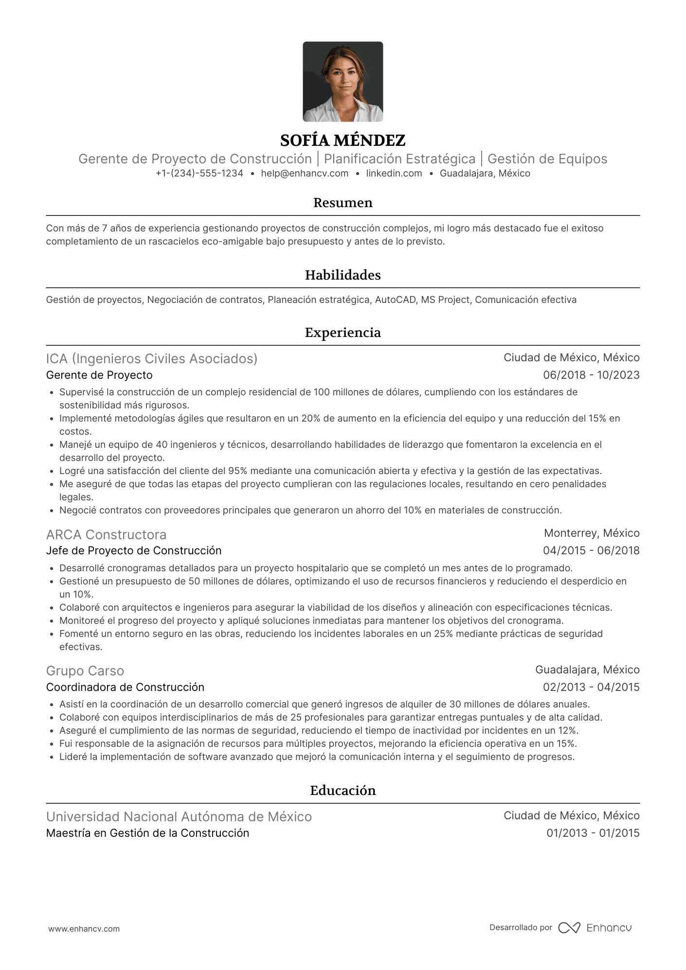 CV gerente de proyecto de construcción con experiencia Resume Example