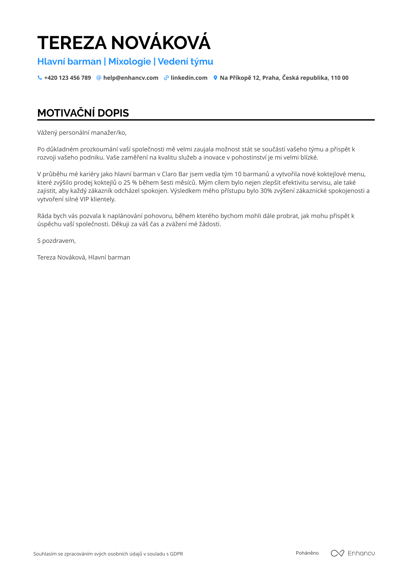 Motivační dopis pro Hlavní barman Resume Example