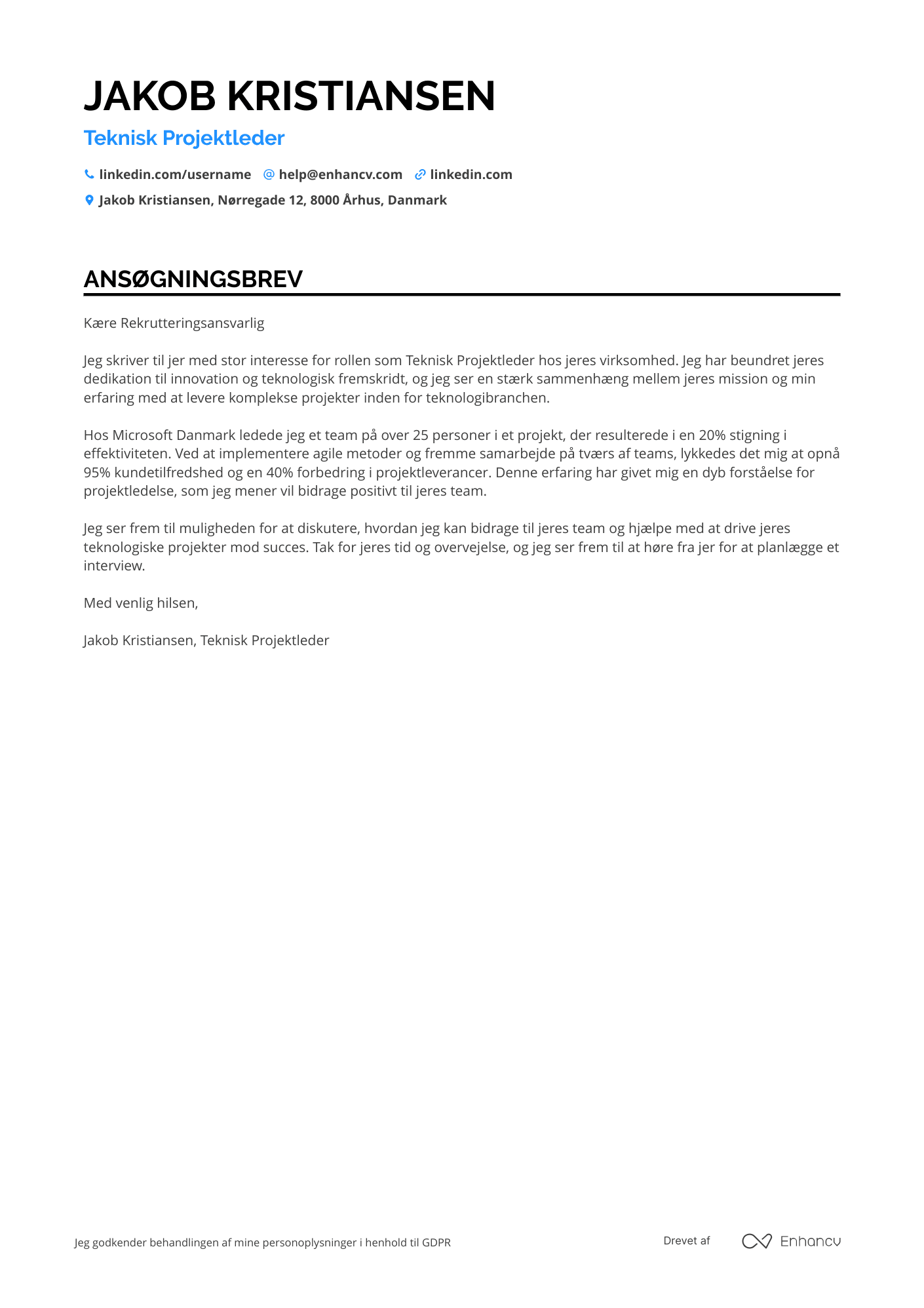 Ansøgningsbrev til Teknisk Projektleder Resume Example