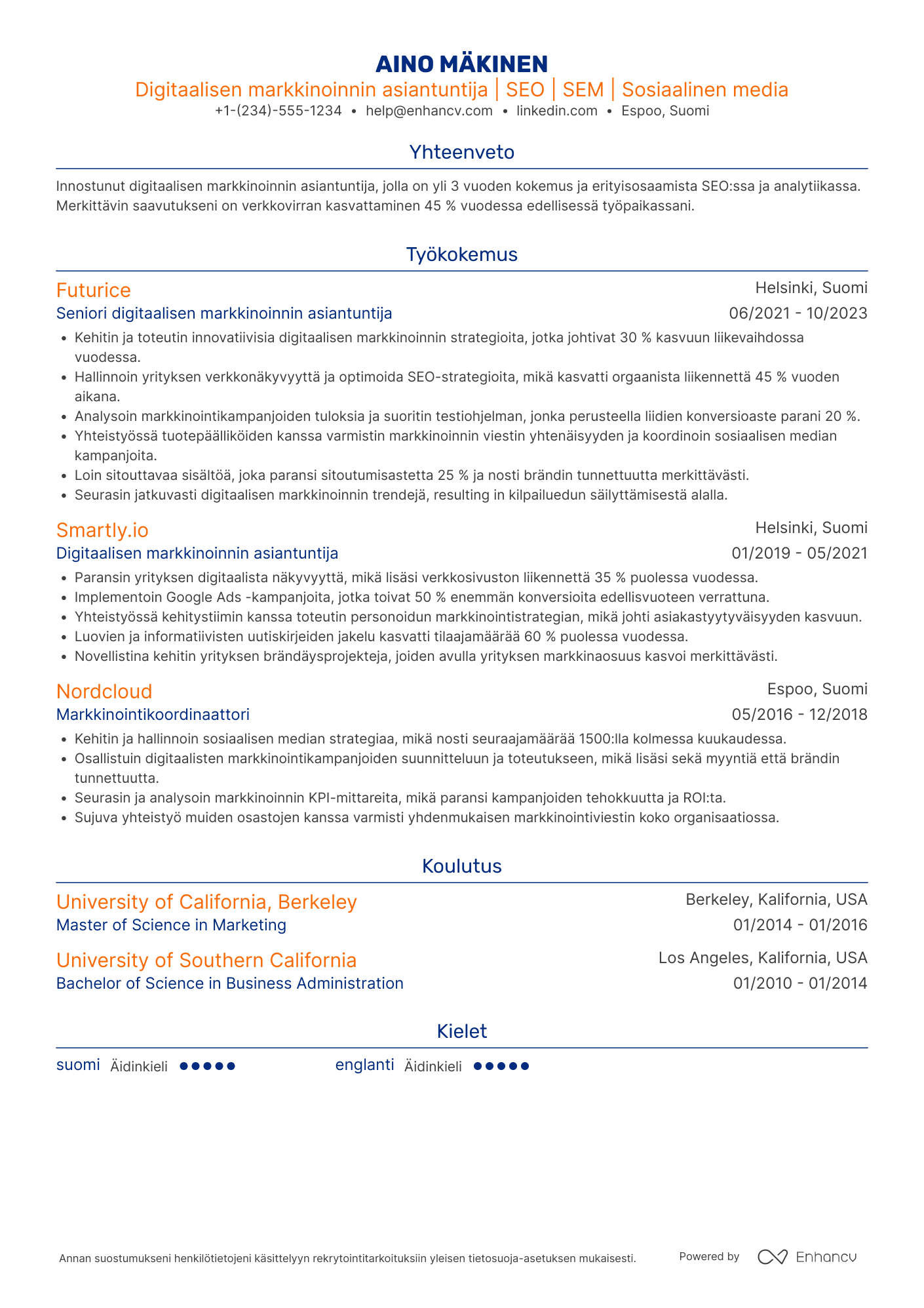 Ansioluettelo Teknologia alan digitaalisen markkinoinnin asiantuntija Resume Example