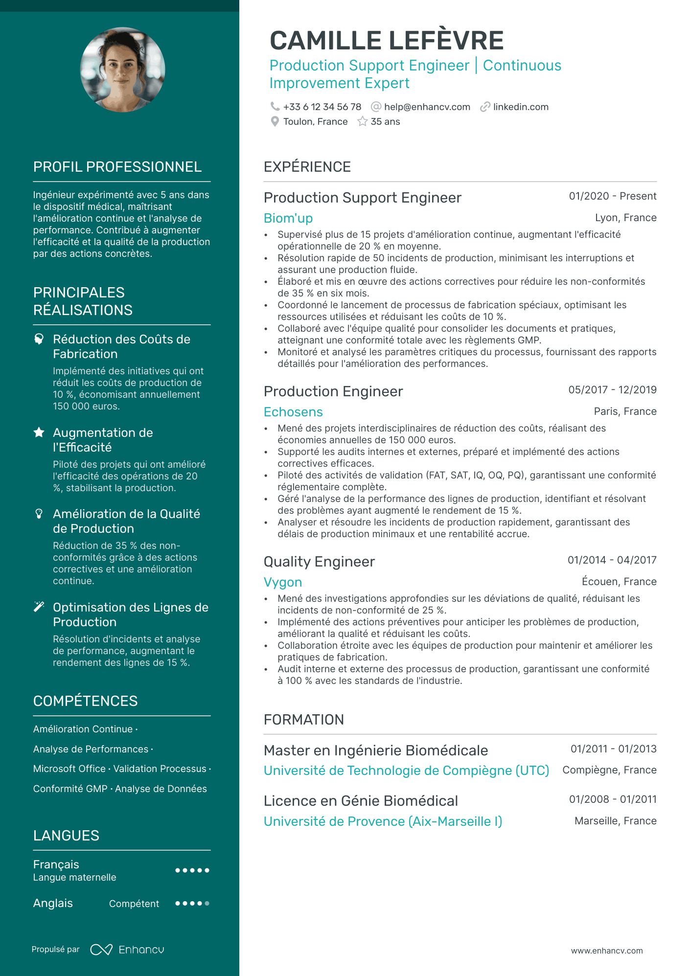 Ingénieur de Production Resume Example