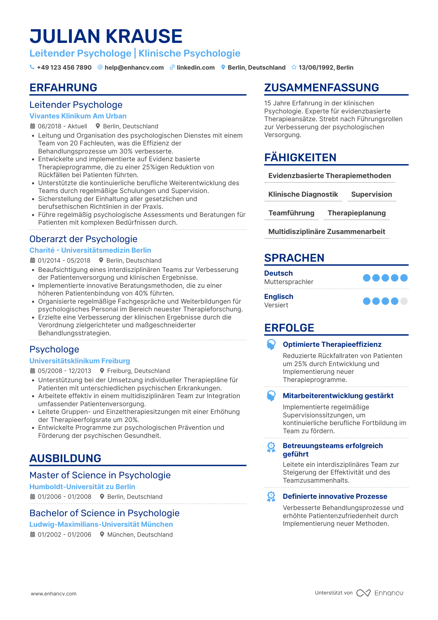 Lebenslauf als Leitender Psychologe Resume Example