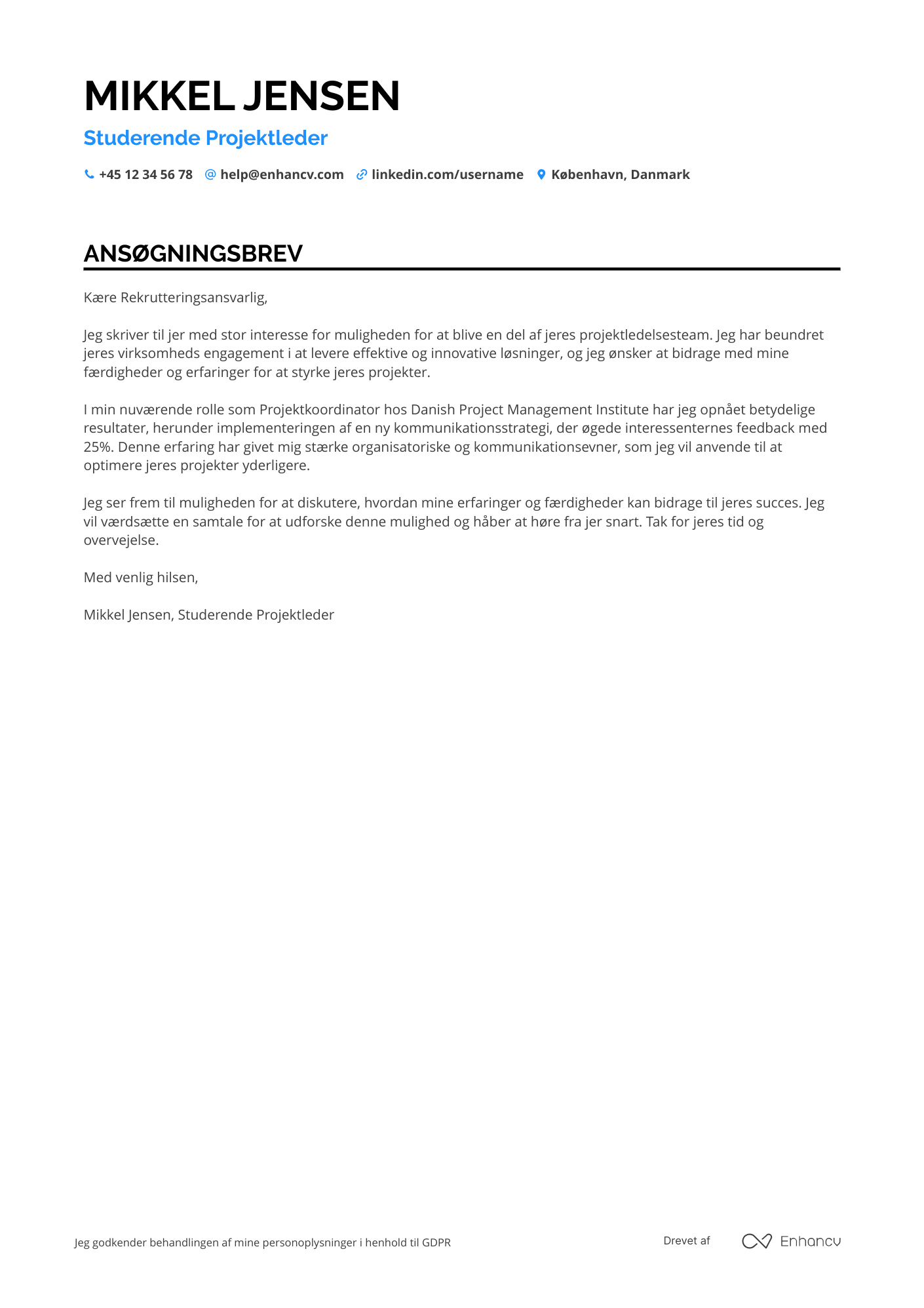 Ansøgningsbrev til Studerende Projektleder Resume Example