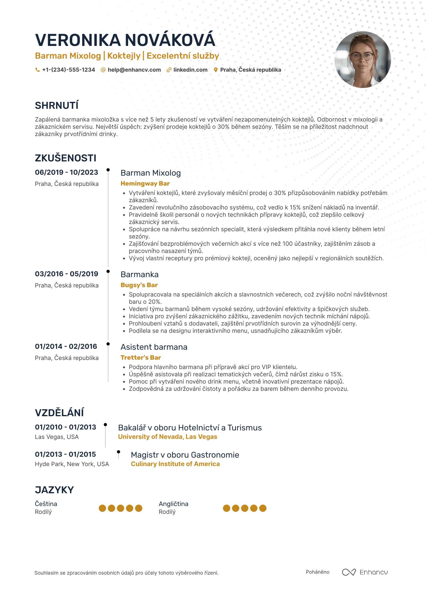 Životopis pro Barman mixolog Resume Example