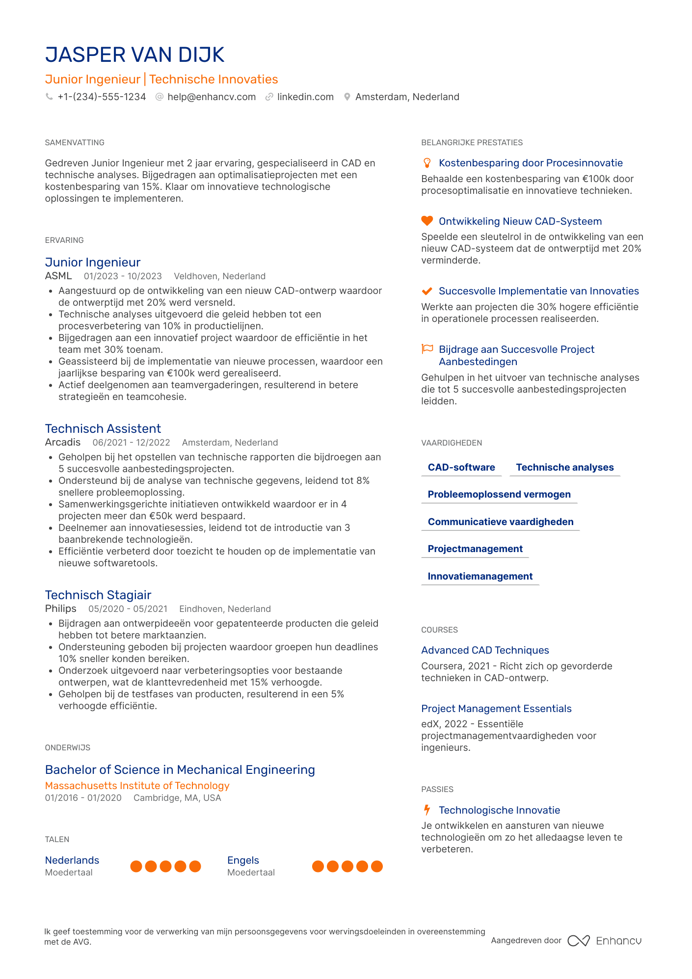 CV voor Junior ingenieur Resume Example