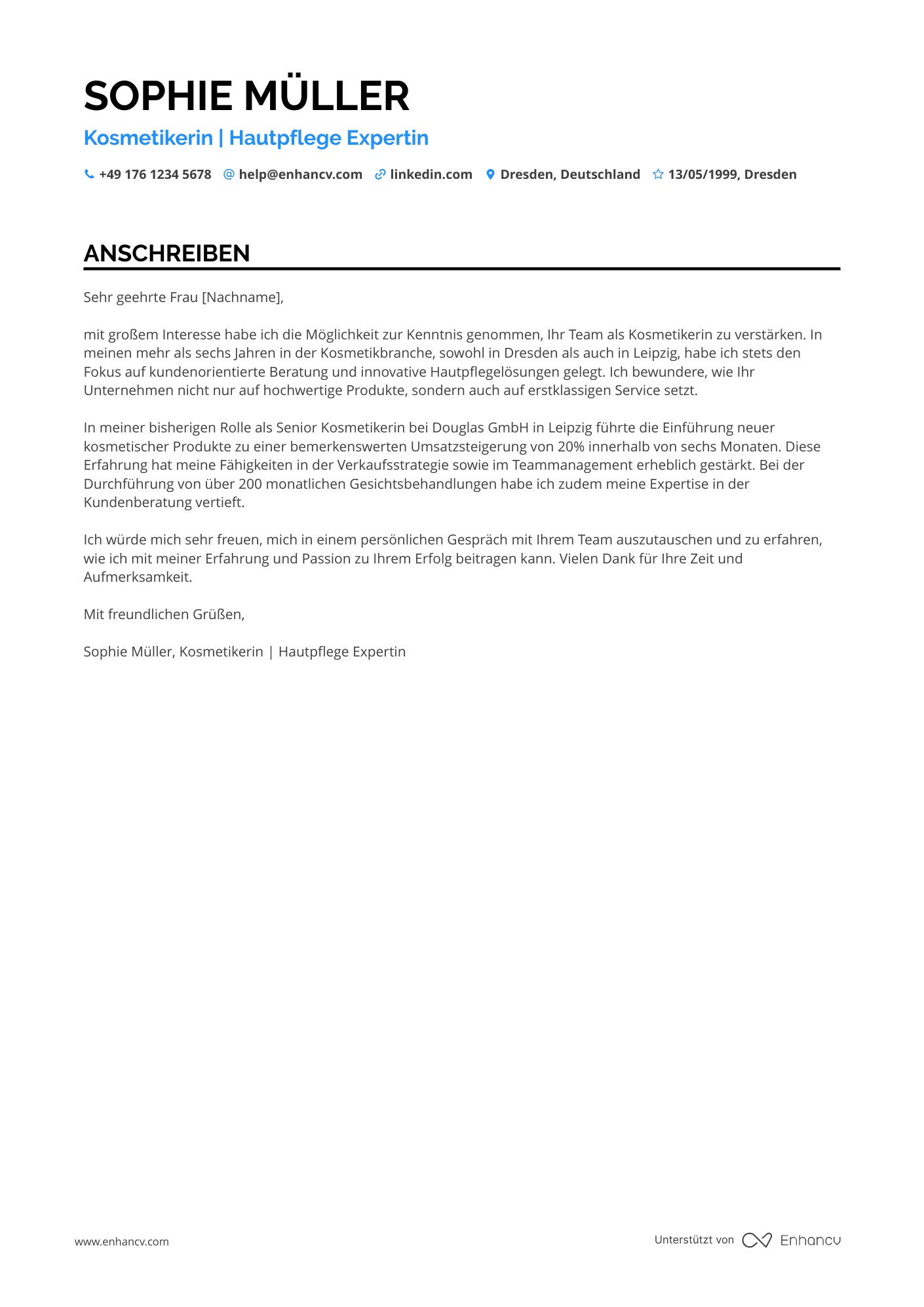 Erfahrene Kosmetikerin Resume Example
