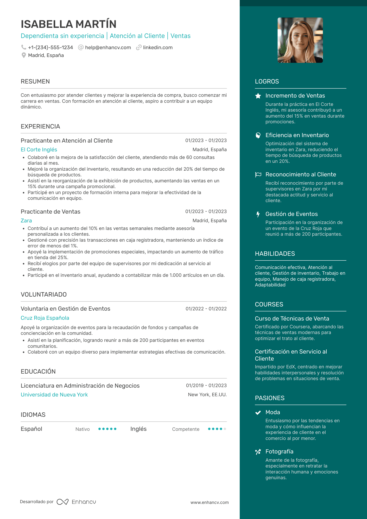 Ejemplo de currículum de dependienta sin experiencia Resume Example