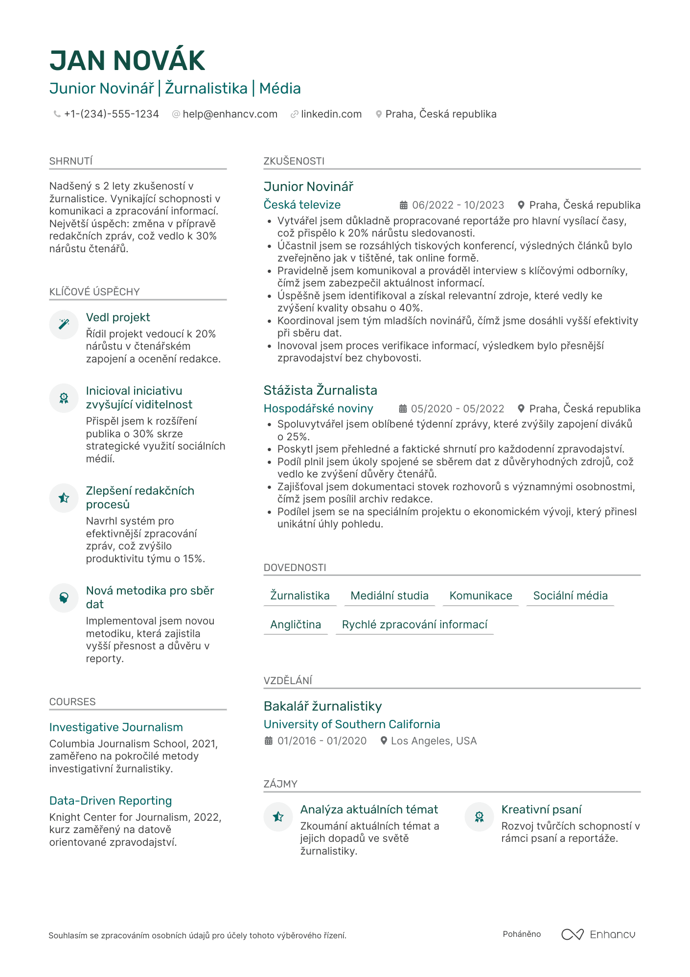 Životopis pro Junior Novinář Resume Example