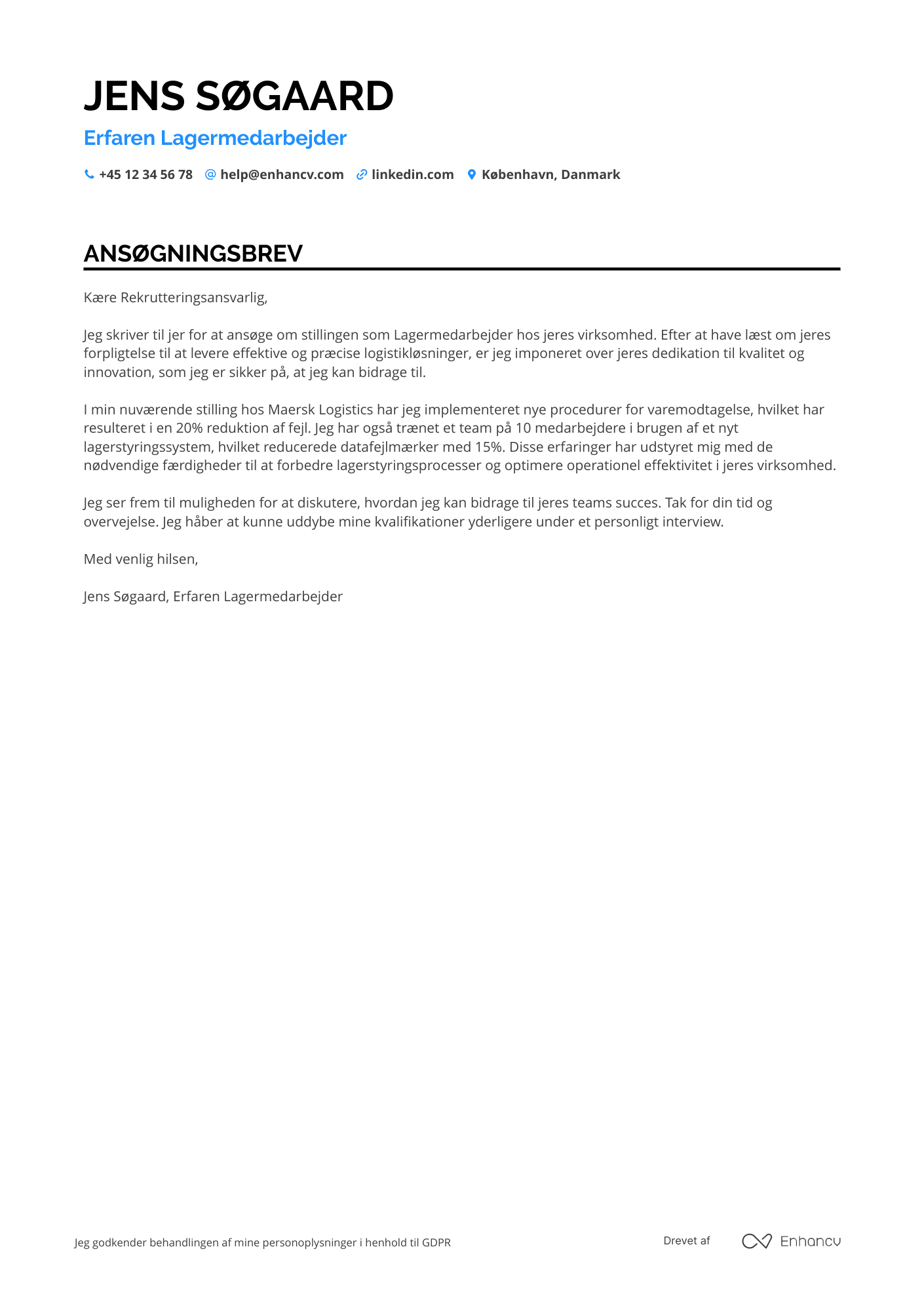 Ansøgningsbrev til Lagermedarbejder med ansvar for modtagelse Resume Example