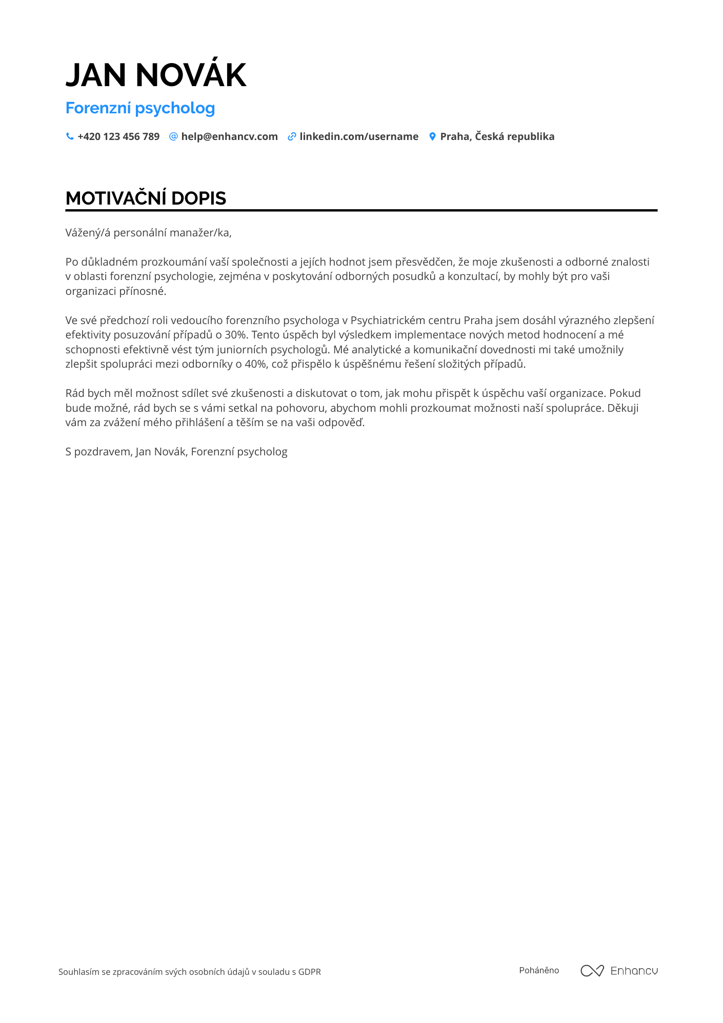 Motivační dopis pro Forenzní psycholog Resume Example