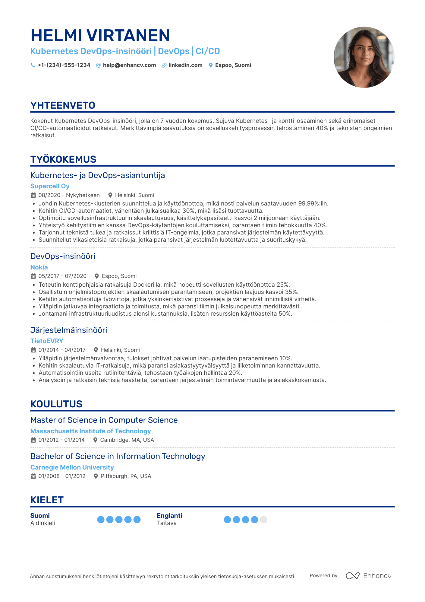 Ansioluettelo Kubernetes DevOps insinööri Resume Example