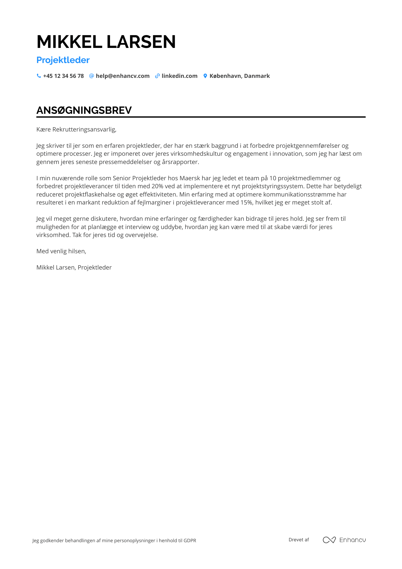 Ansøgningsbrev til Projektleder Resume Example