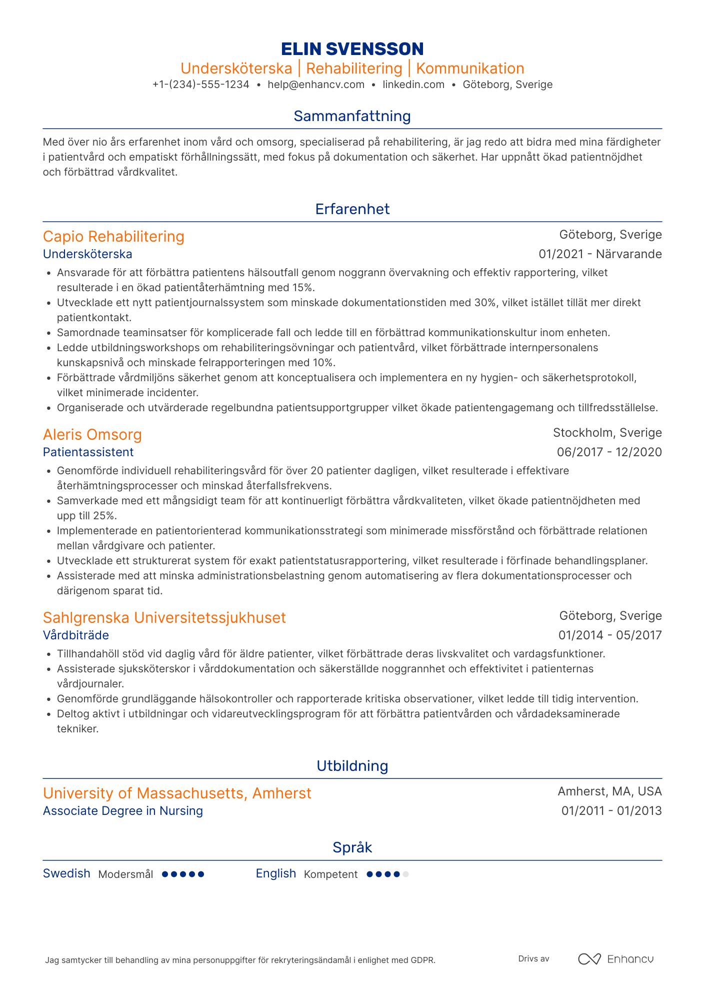 CV för Undersköterska Rehabiliteringscenter Resume Example