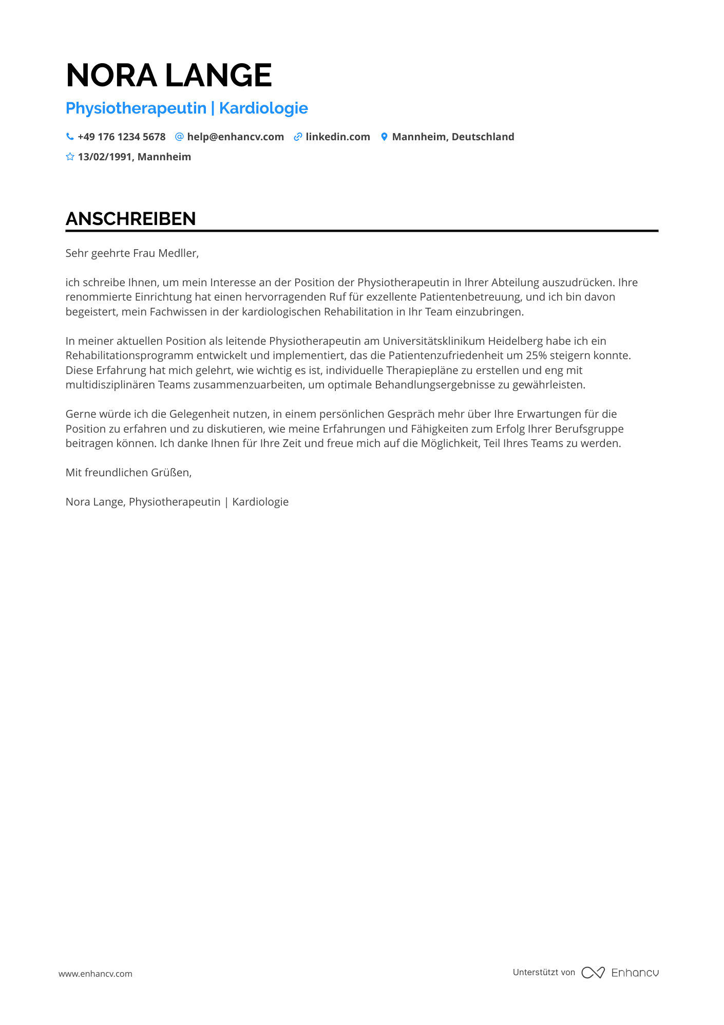 Physiotherapeut in der Kardiologie Resume Example