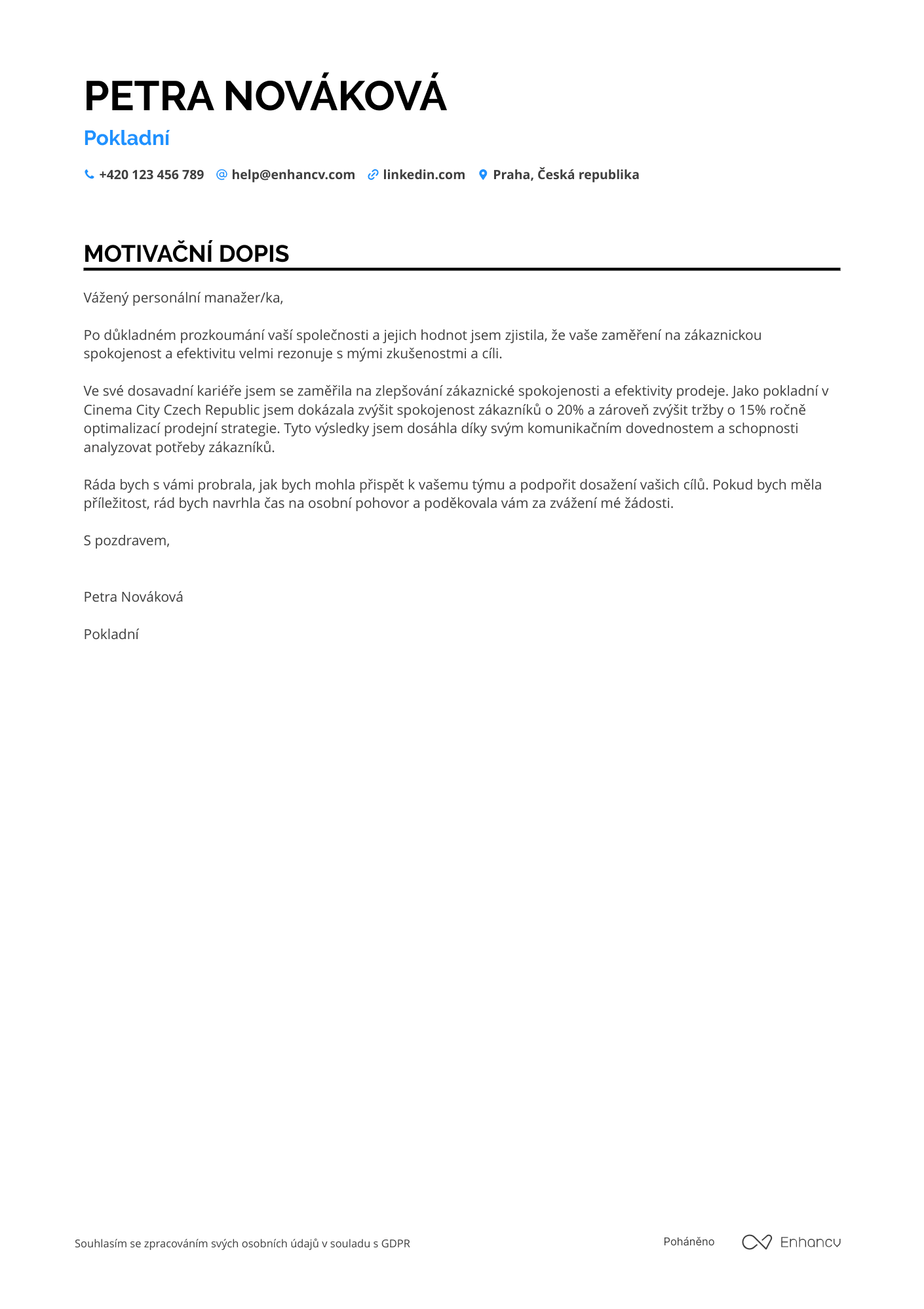 Motivační dopis pro Pokladní v kině Resume Example