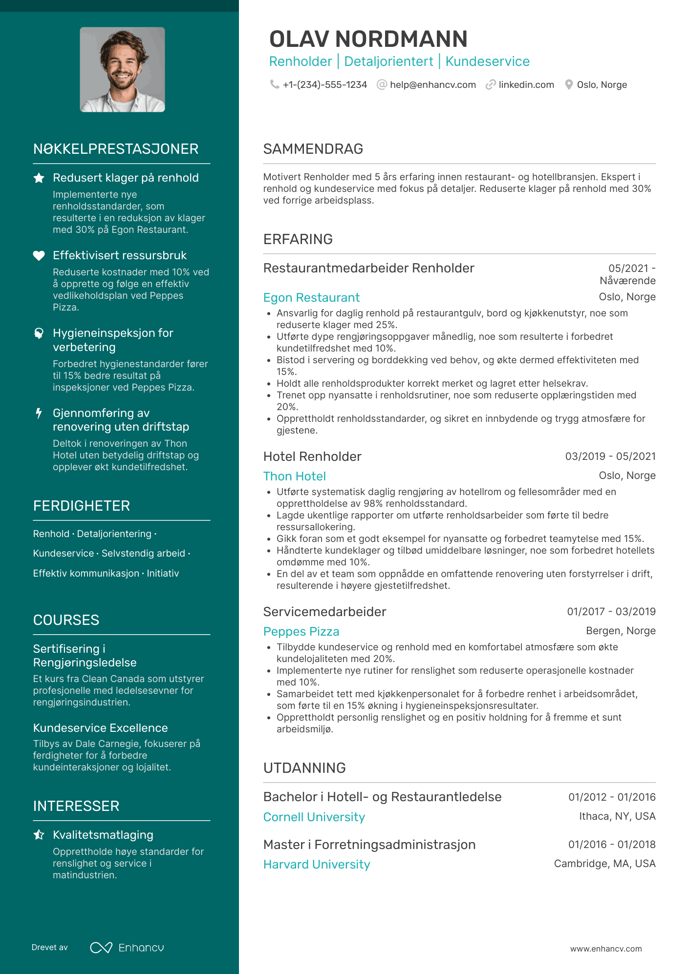 CV for Restaurantmedarbeider Renholder Resume Example