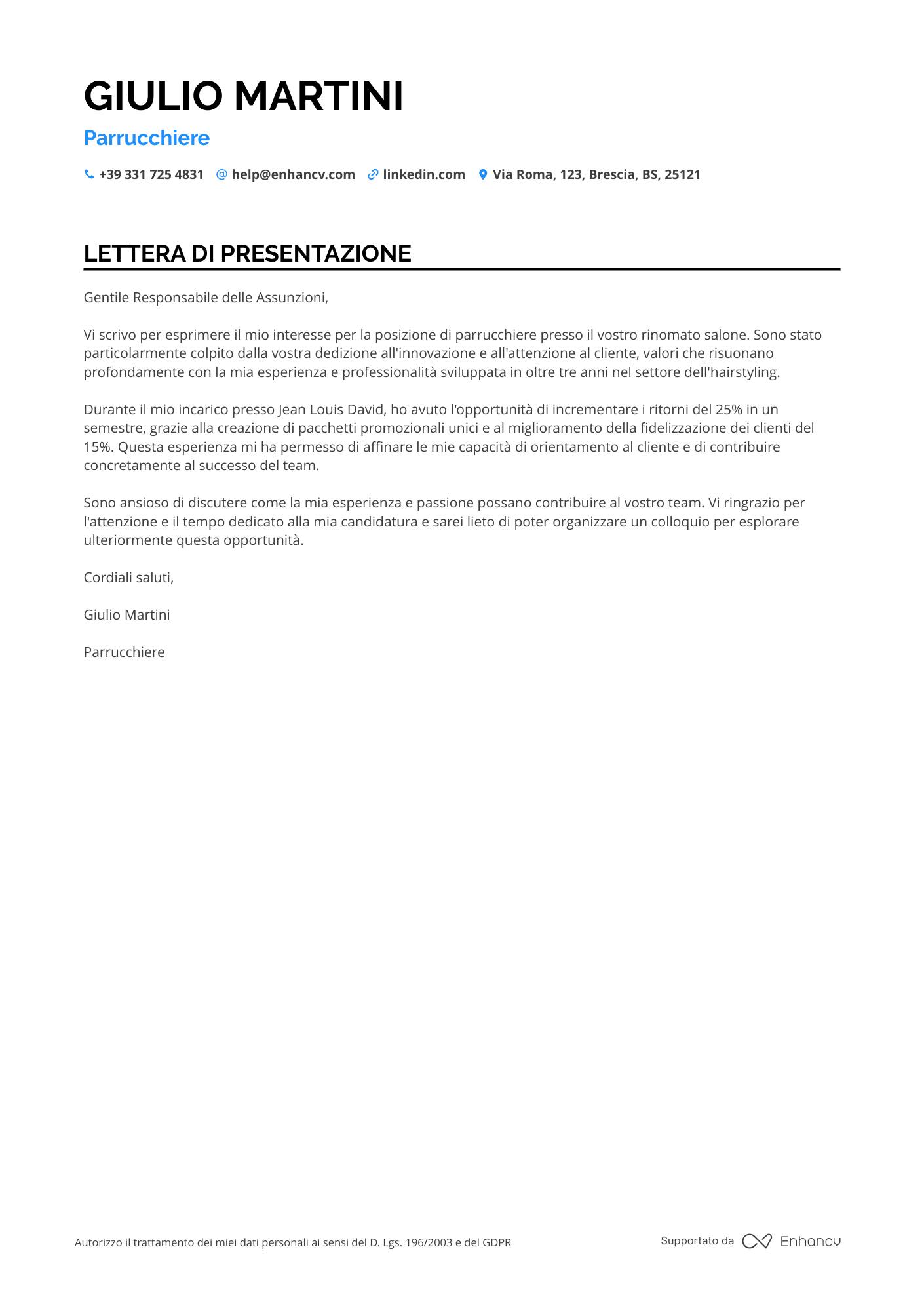 Parrucchiera Junior Resume Example