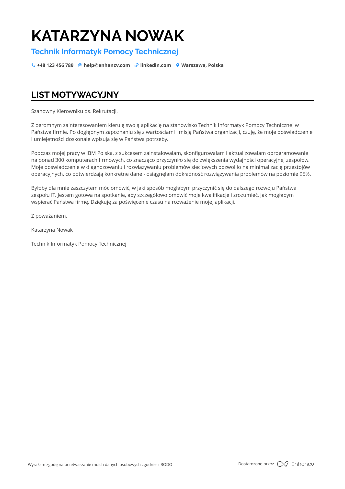 List motywacyjny dla Technik Informatyk Pomocy Technicznej Resume Example