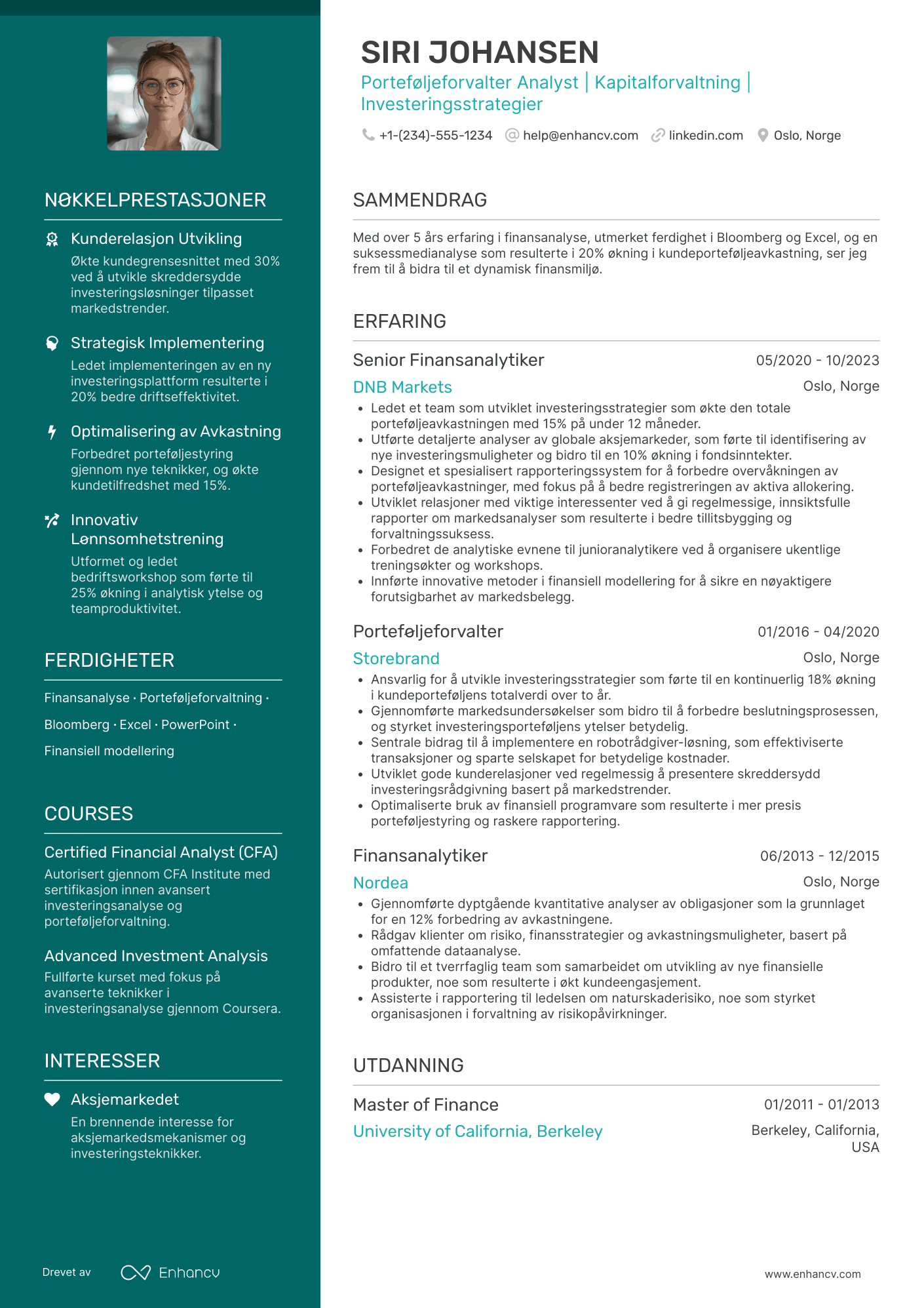 CV for Porteføljeforvalter Analyst Resume Example