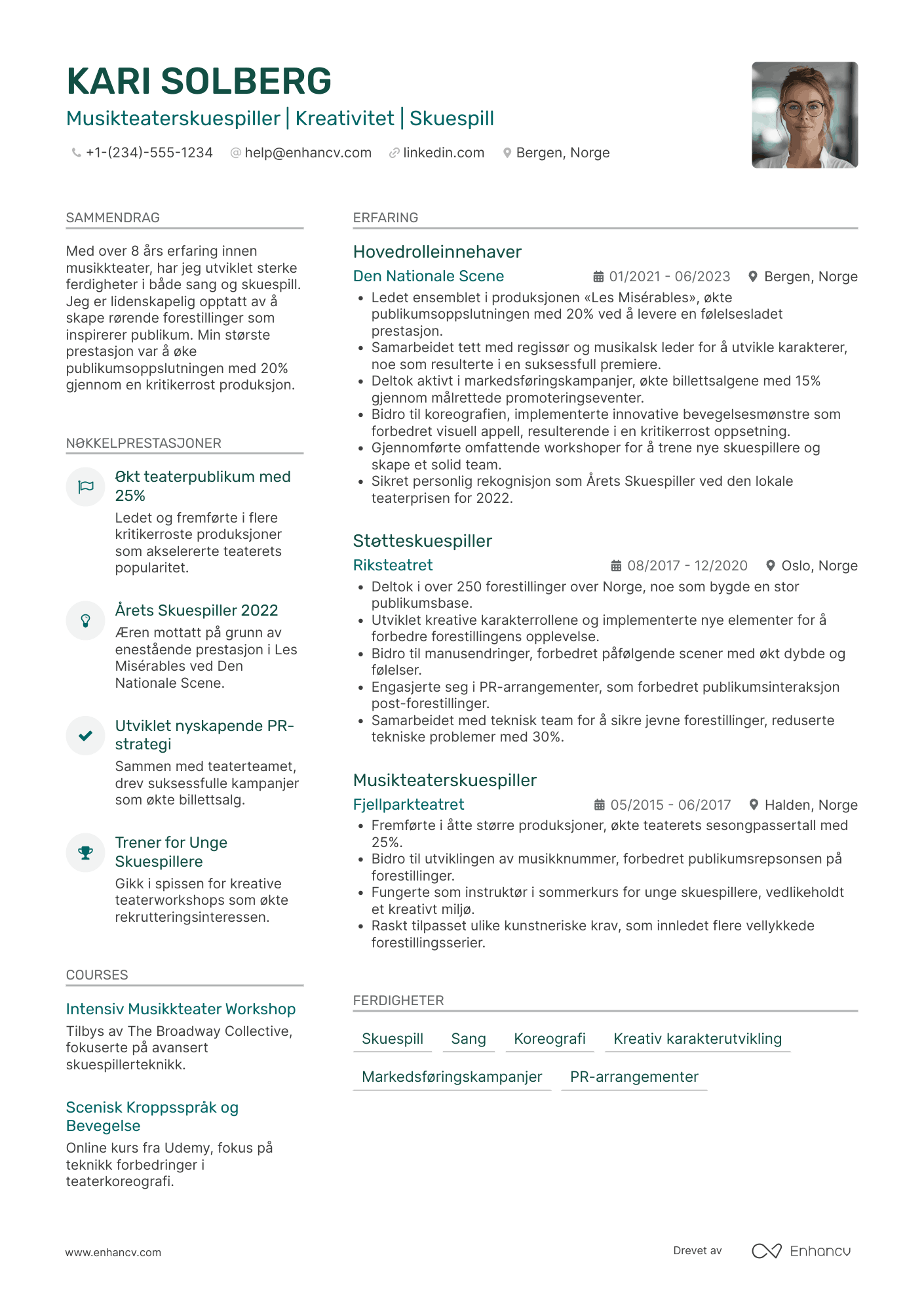 CV for Musikteaterskuespiller Resume Example