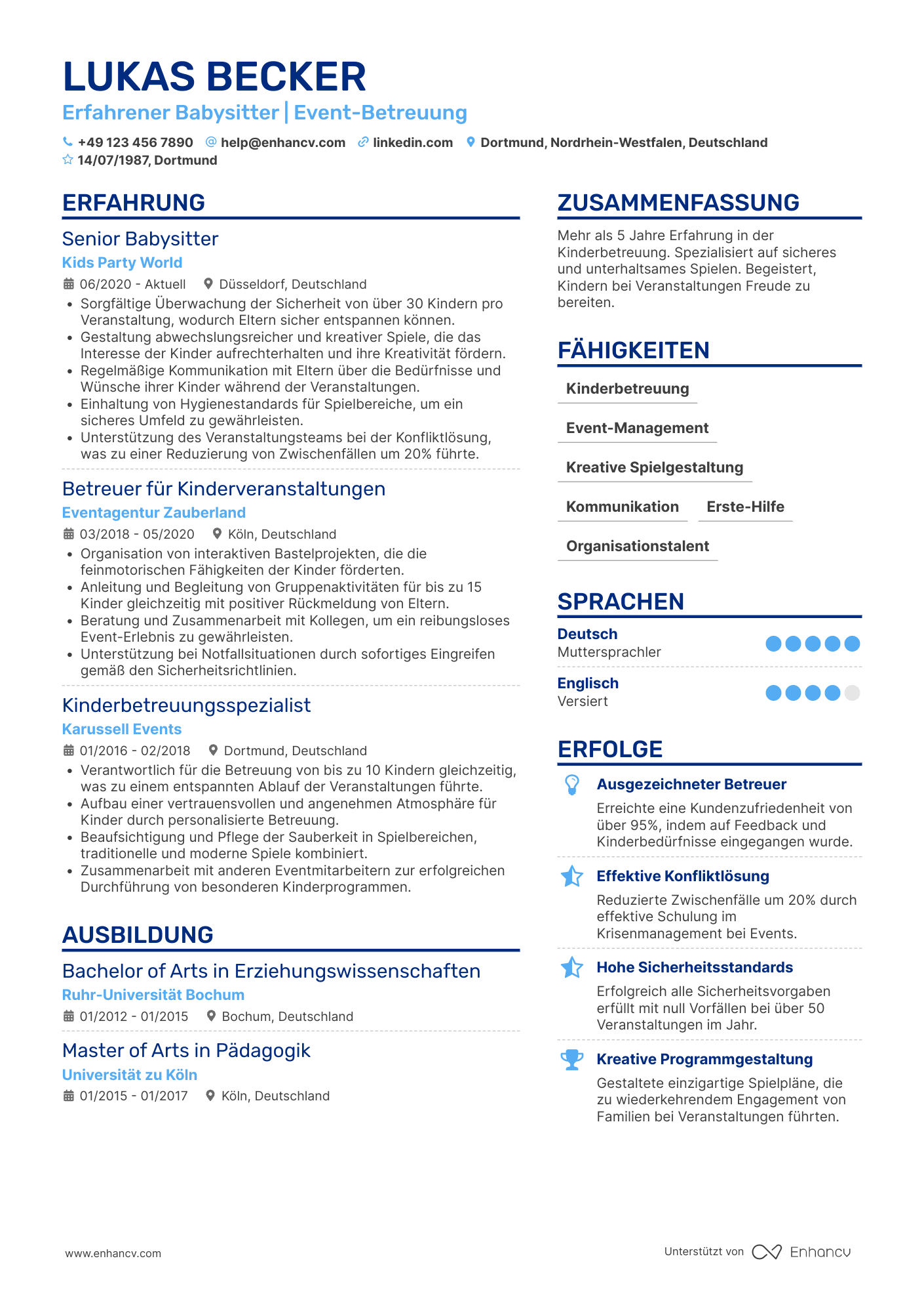 Lebenslauf in Babysitter für Eventagenturen Resume Example