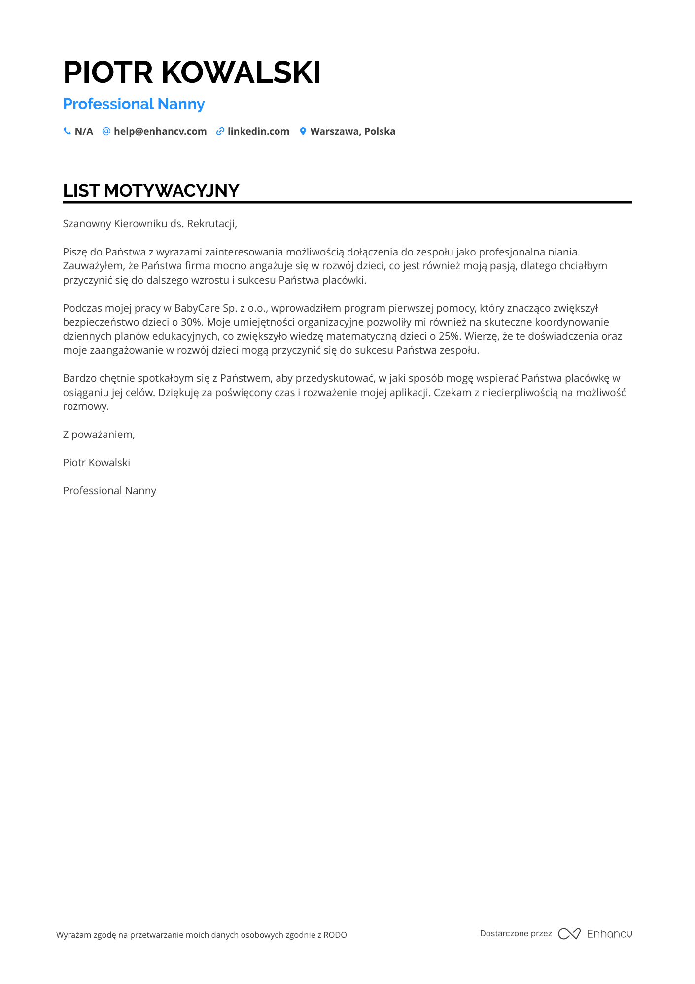 List motywacyjny dla Niania na Pełny Etat Resume Example