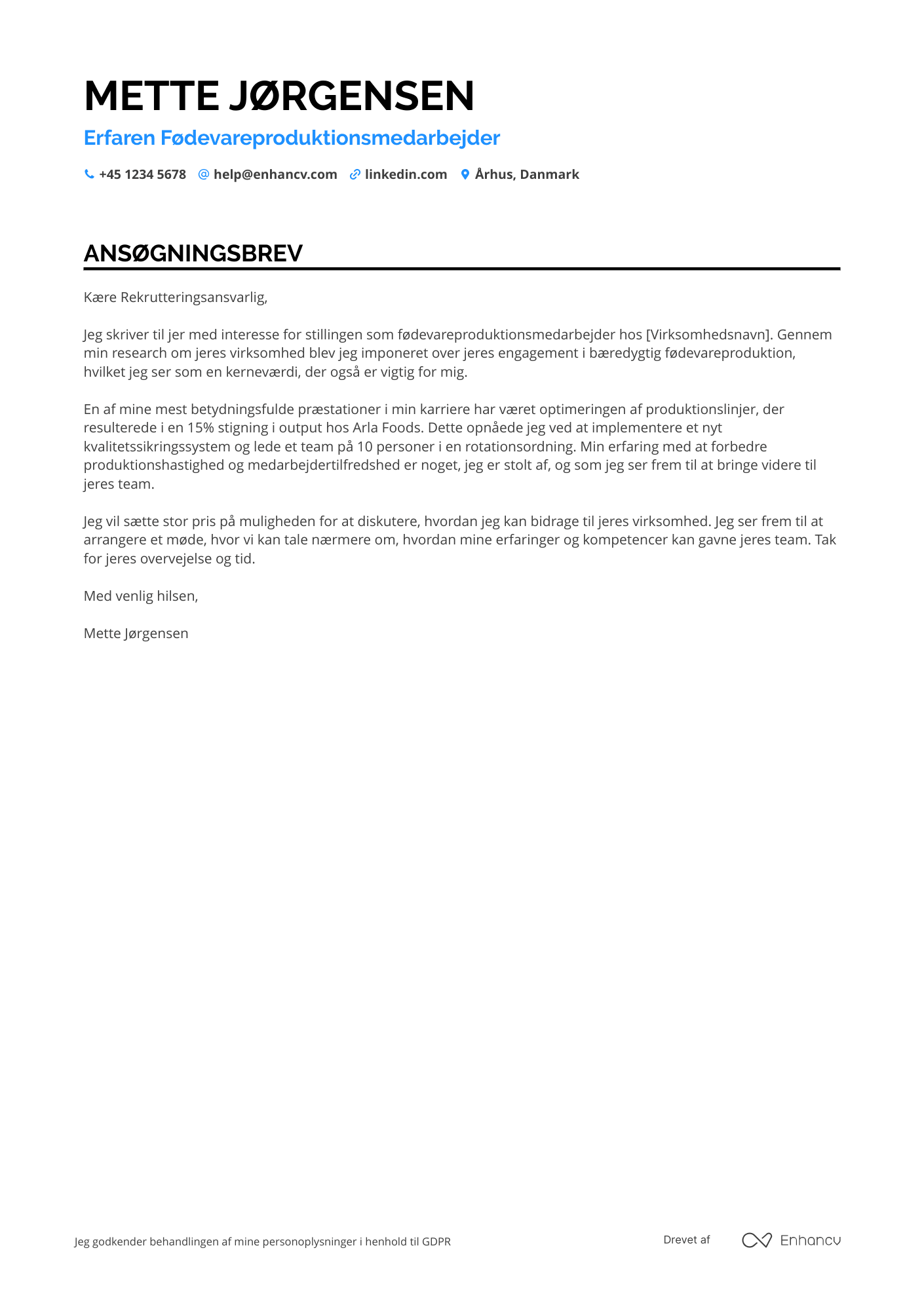 Ansøgningsbrev til Fødevareproduktionsmedarbejder Resume Example
