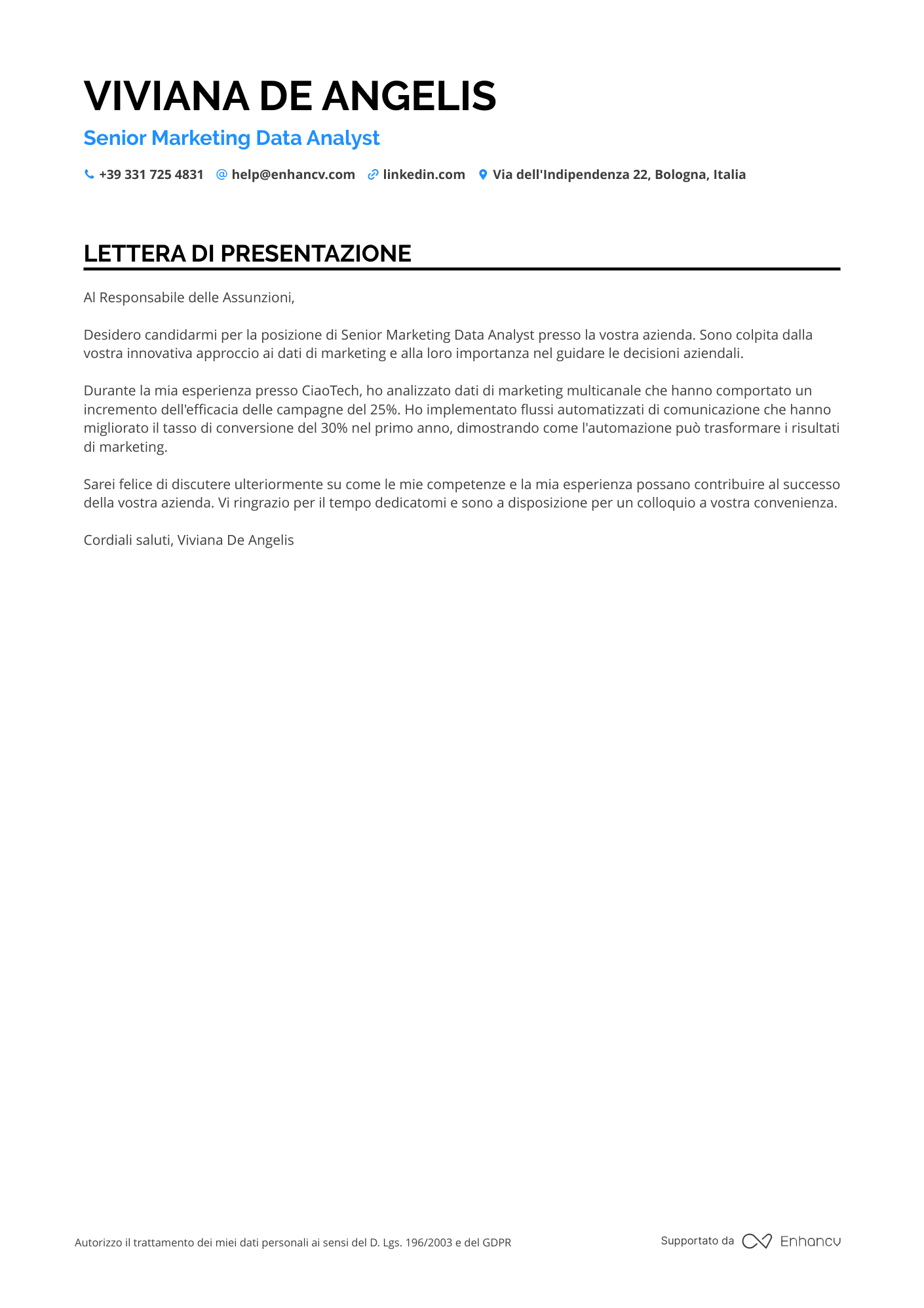 Analista di Marketing Resume Example