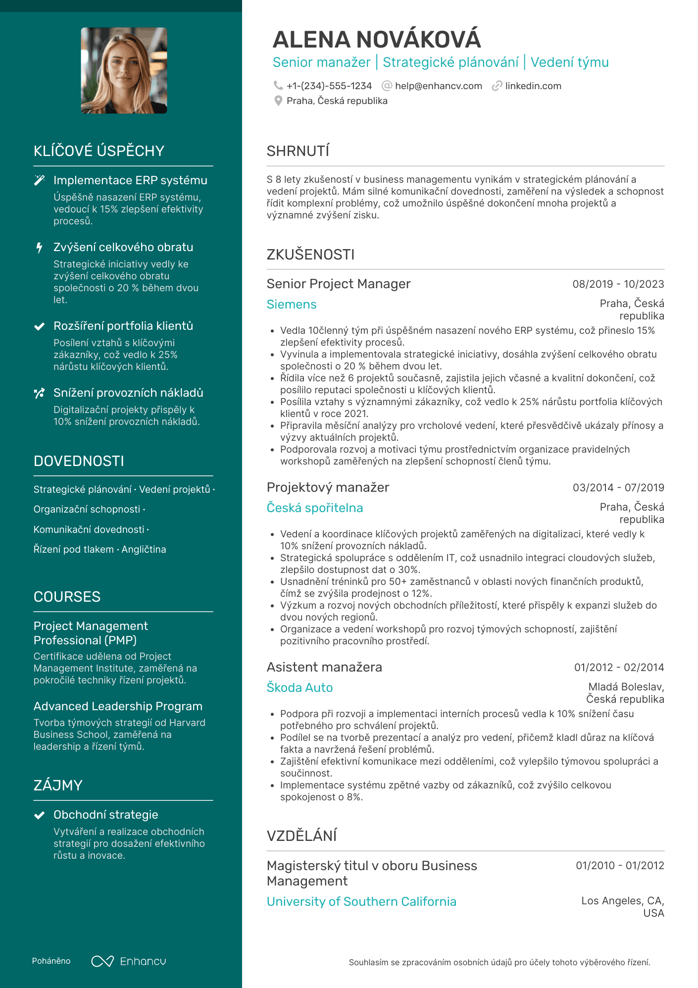 Životopis pro Senior manažer Resume Example