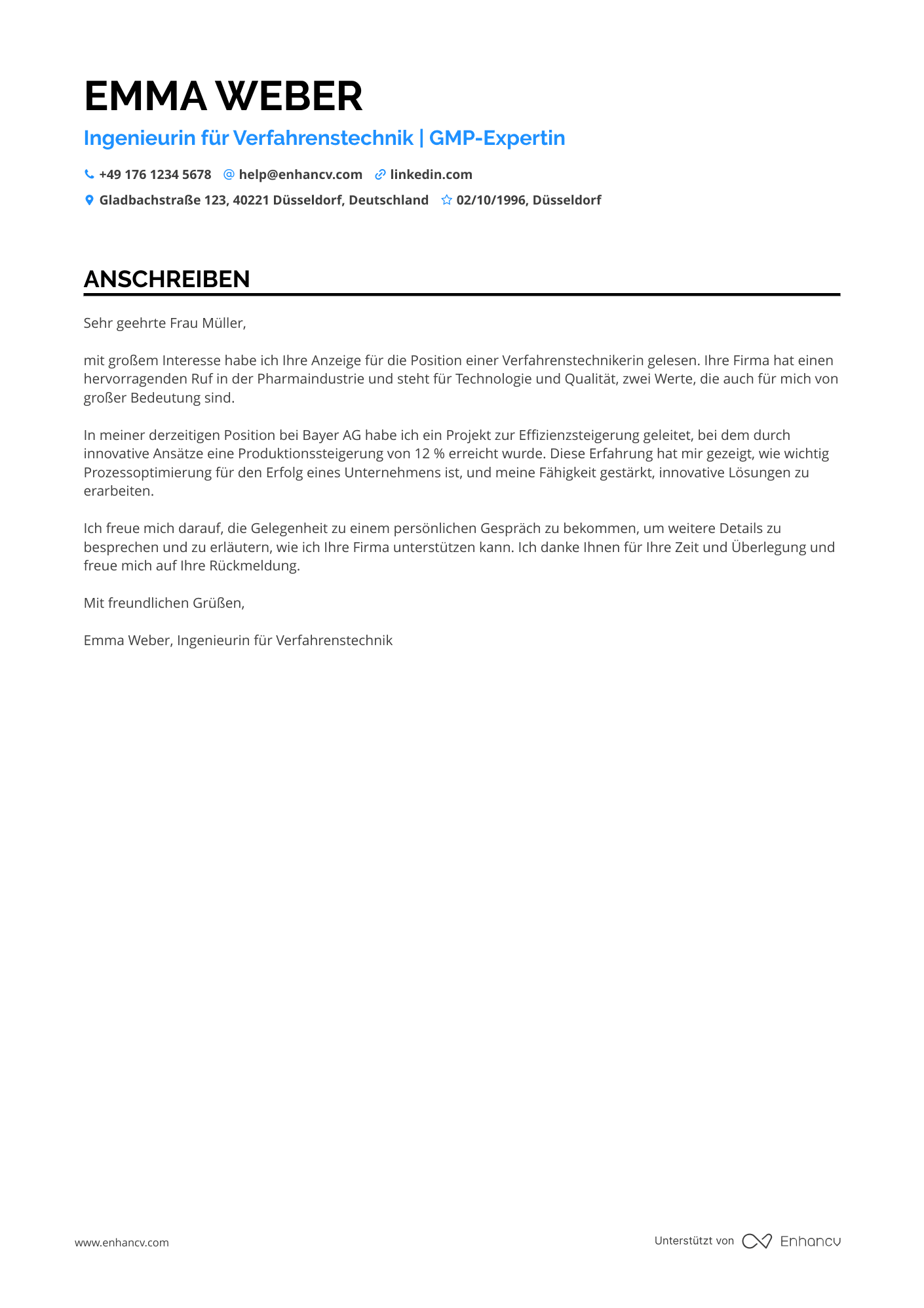 Ingenieur für Pharmaindustrie Resume Example