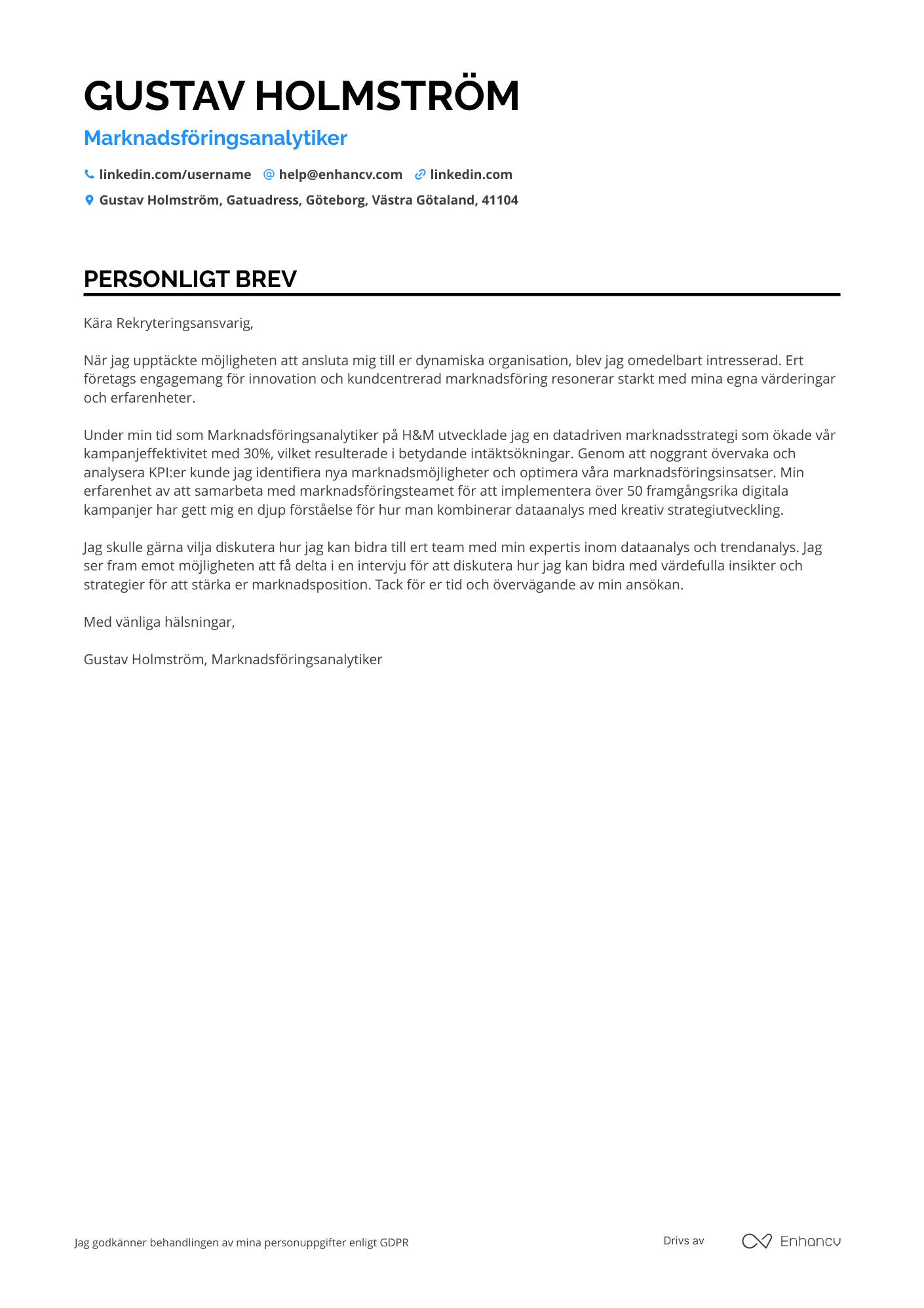 Personligt brev för Marknadsföringsanalytiker Resume Example