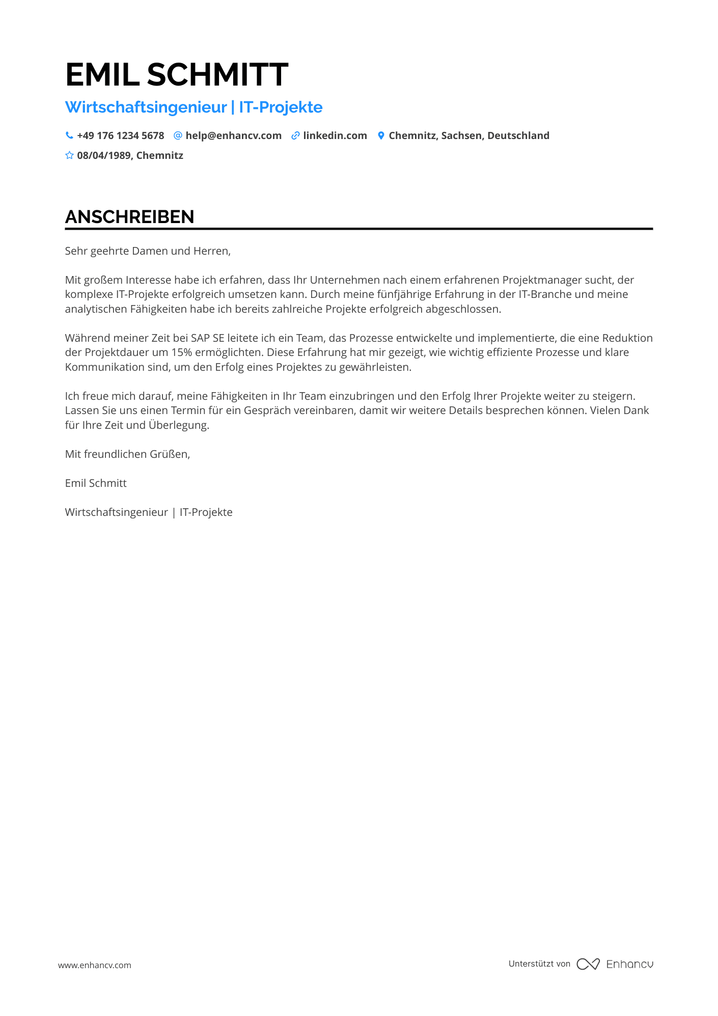 Wirtschaftsingenieur in der IT Branche Resume Example