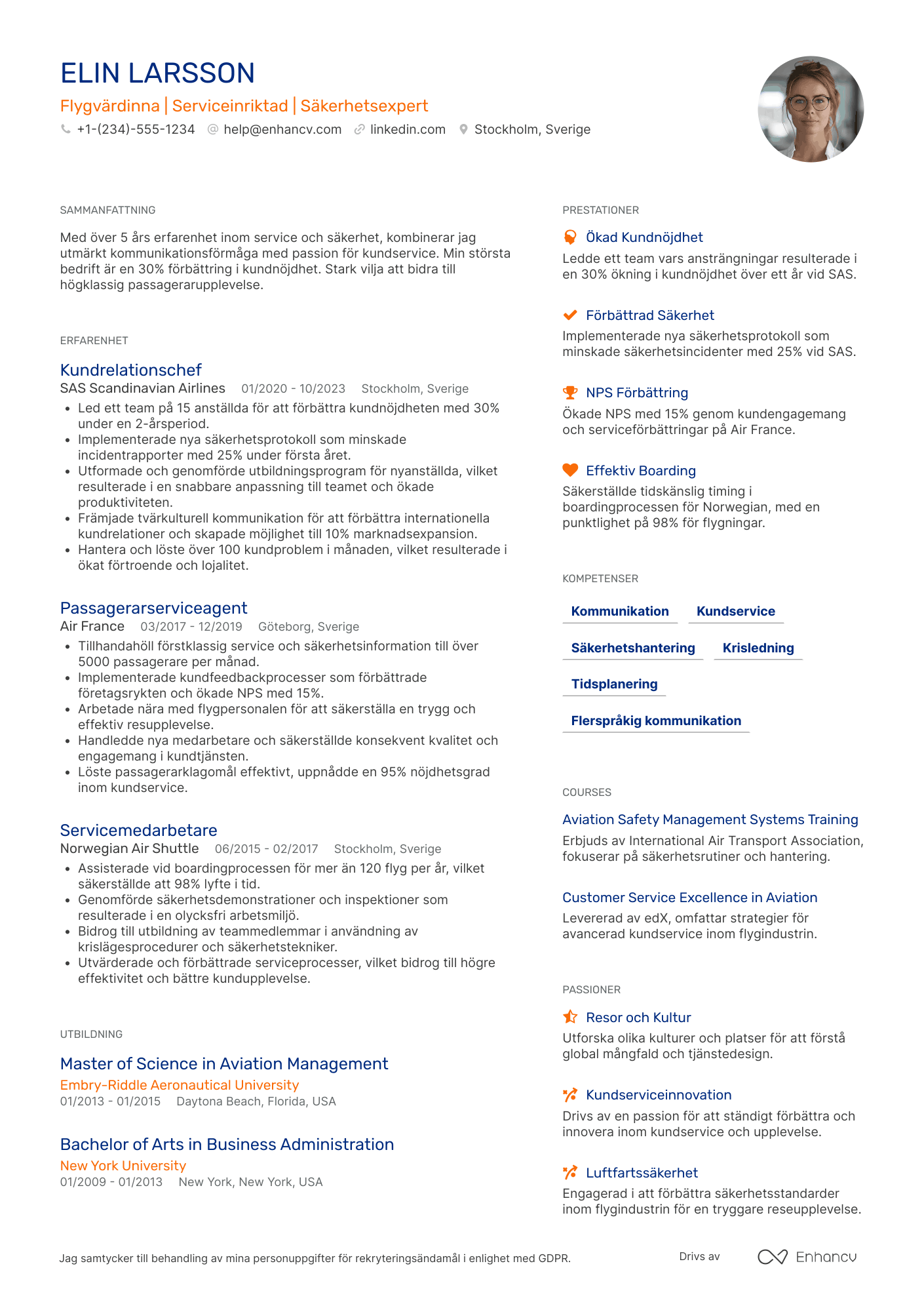 CV för Flygbolag Flygvärdinna Resume Example