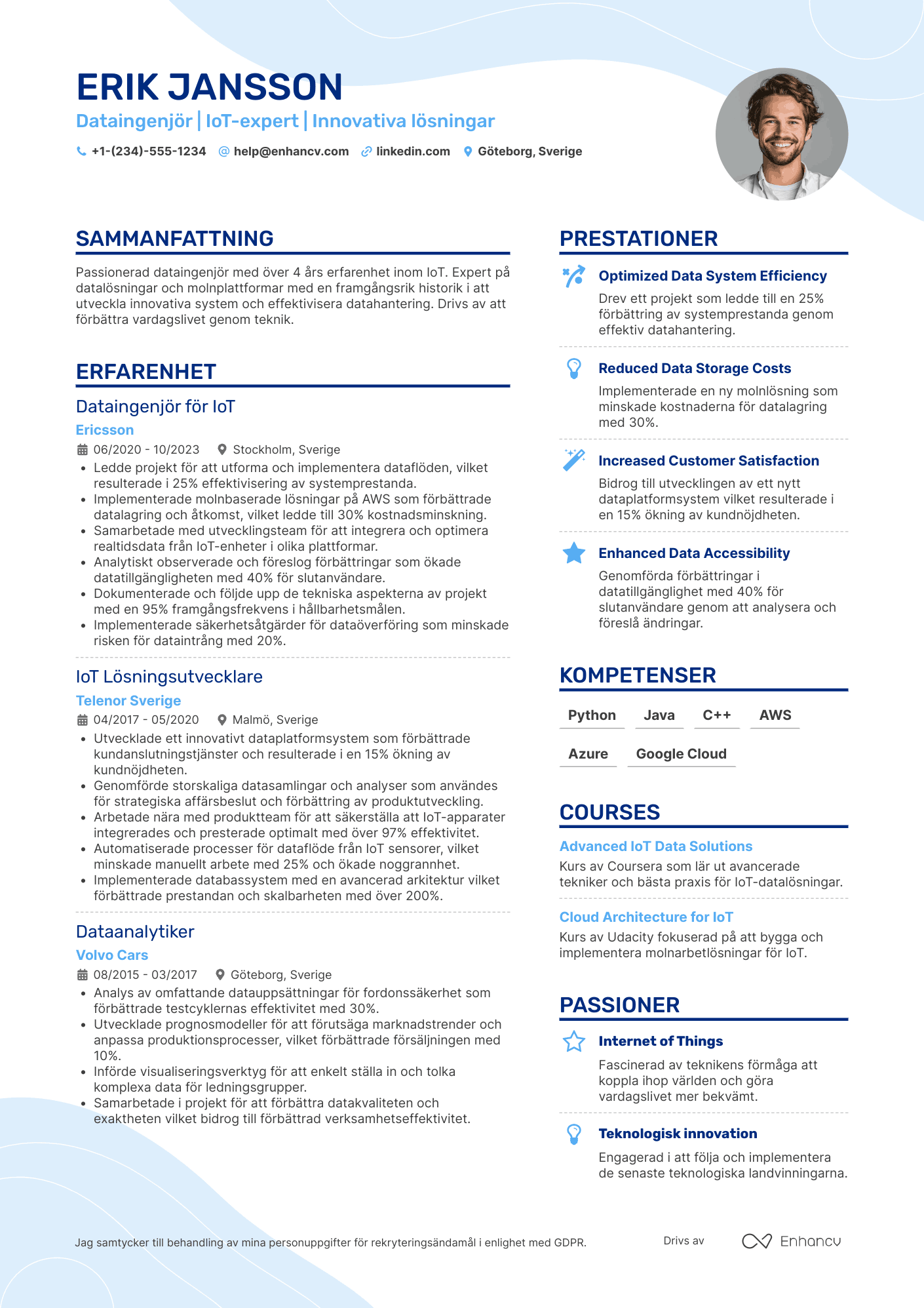 CV för Dataingenjör för IoT Resume Example