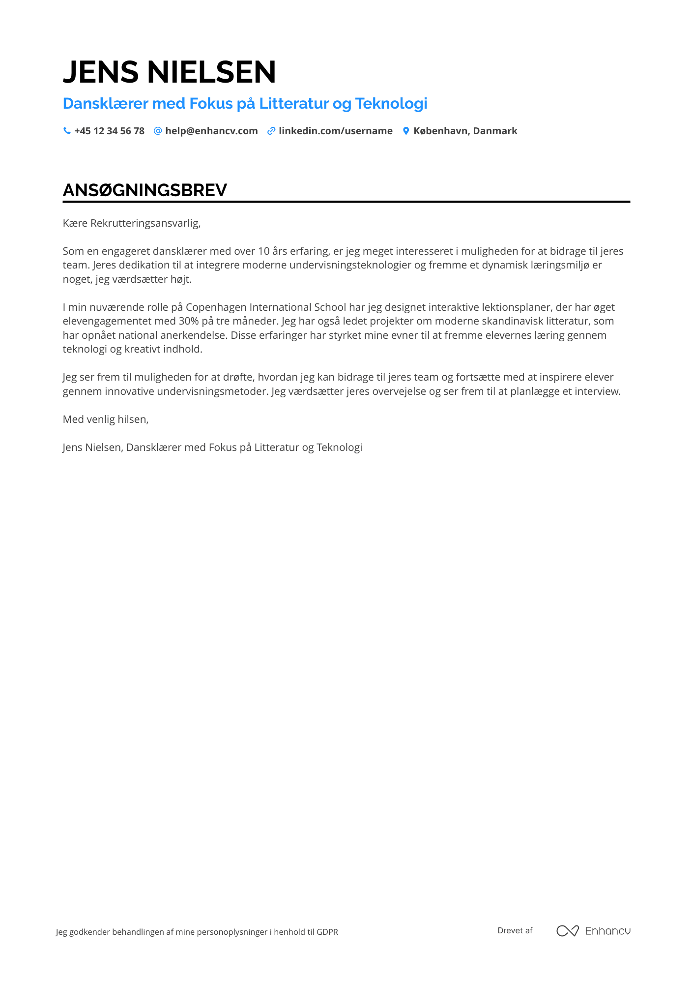 Ansøgningsbrev til Dansklærer Resume Example