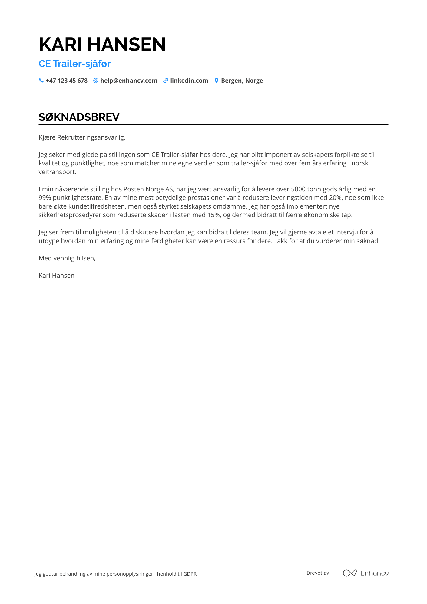 Søknadsbrev for Trailer sjåfør Resume Example