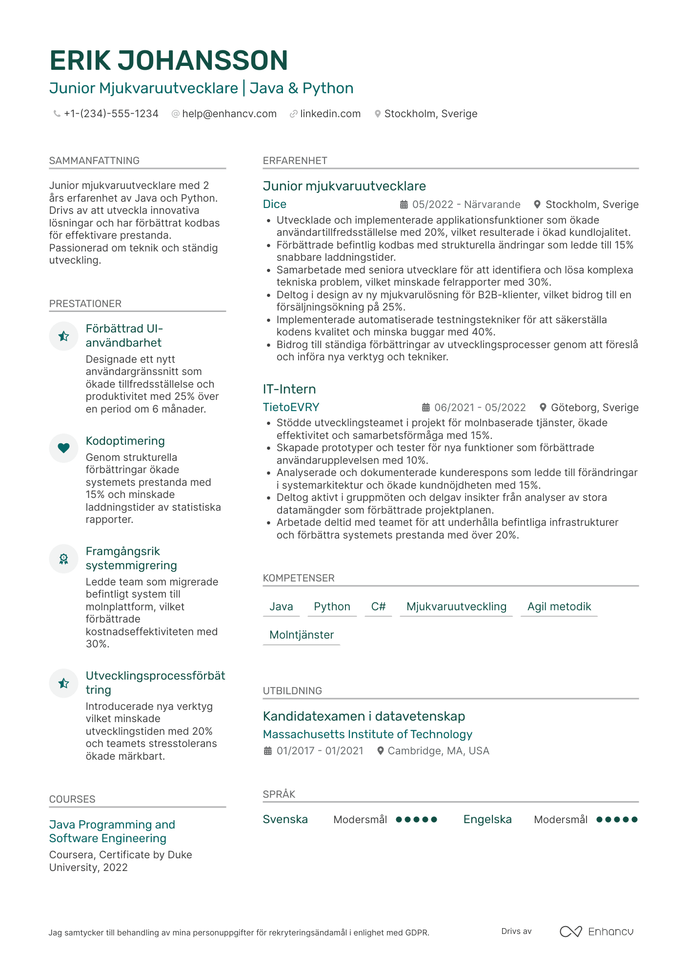 CV för Mjukvaruutvecklare Junior Resume Example