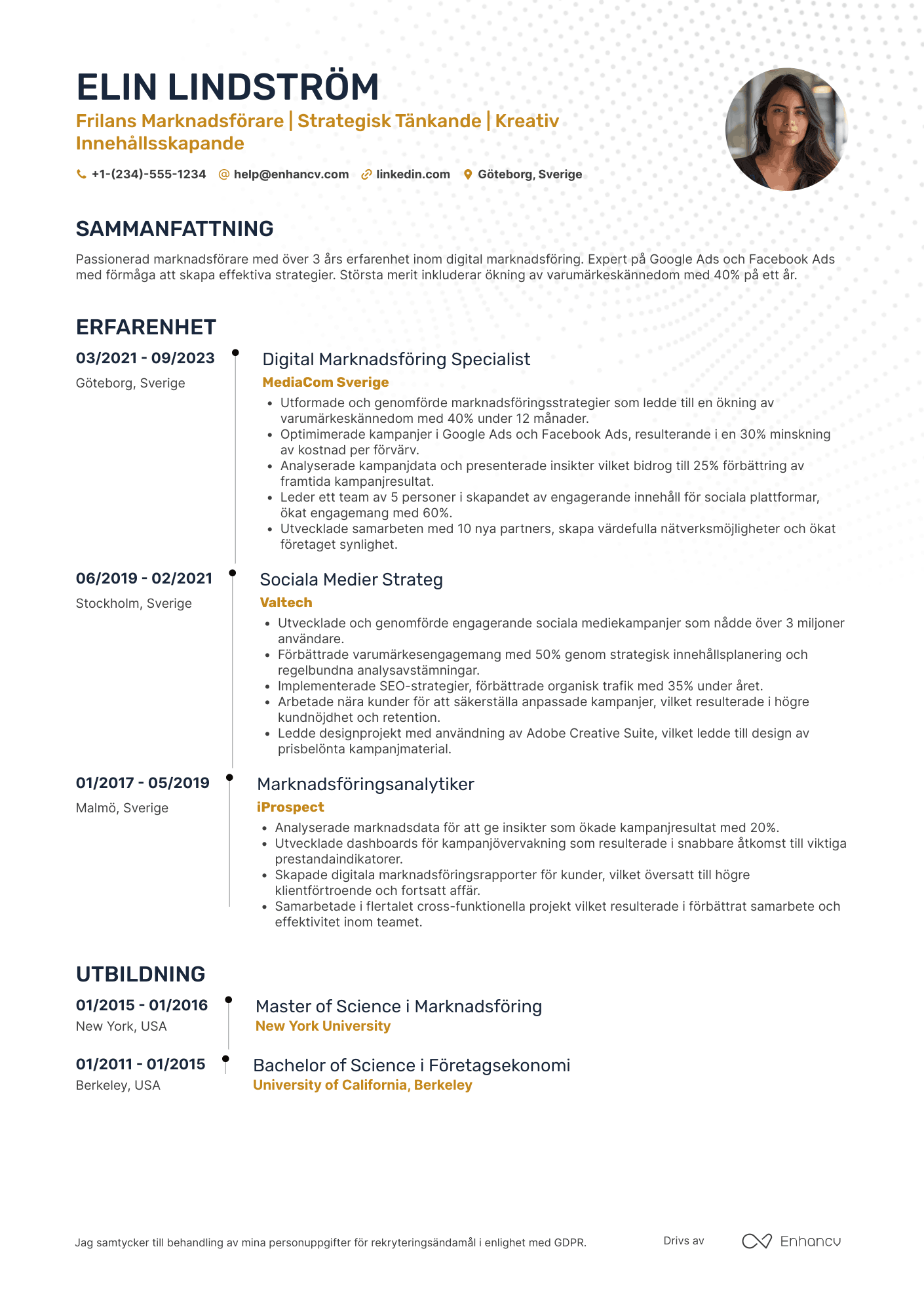 CV för Frilans Marknadsförare Resume Example
