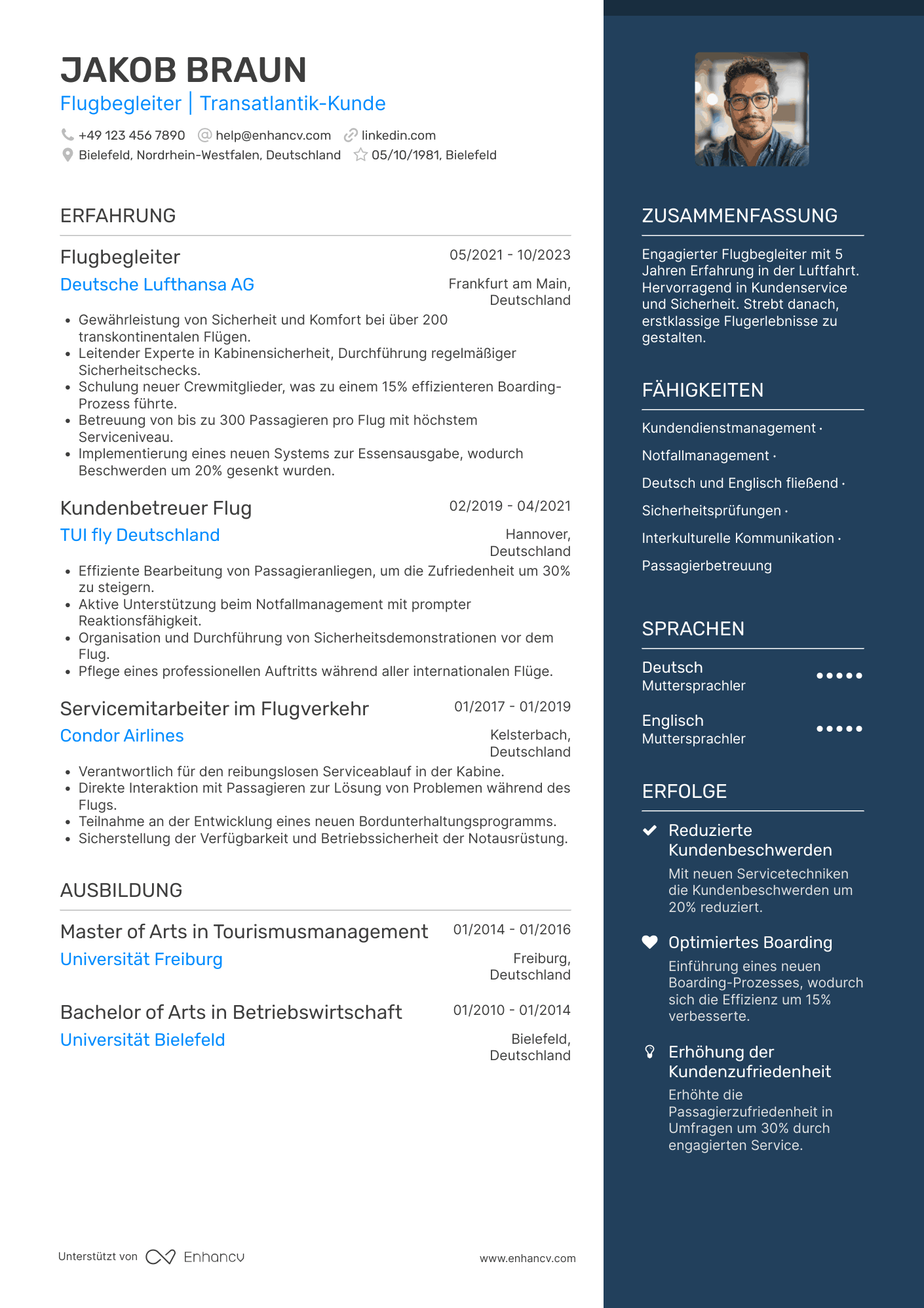 Lebenslauf als Flugbegleiter für Transatlantikflüge Resume Example