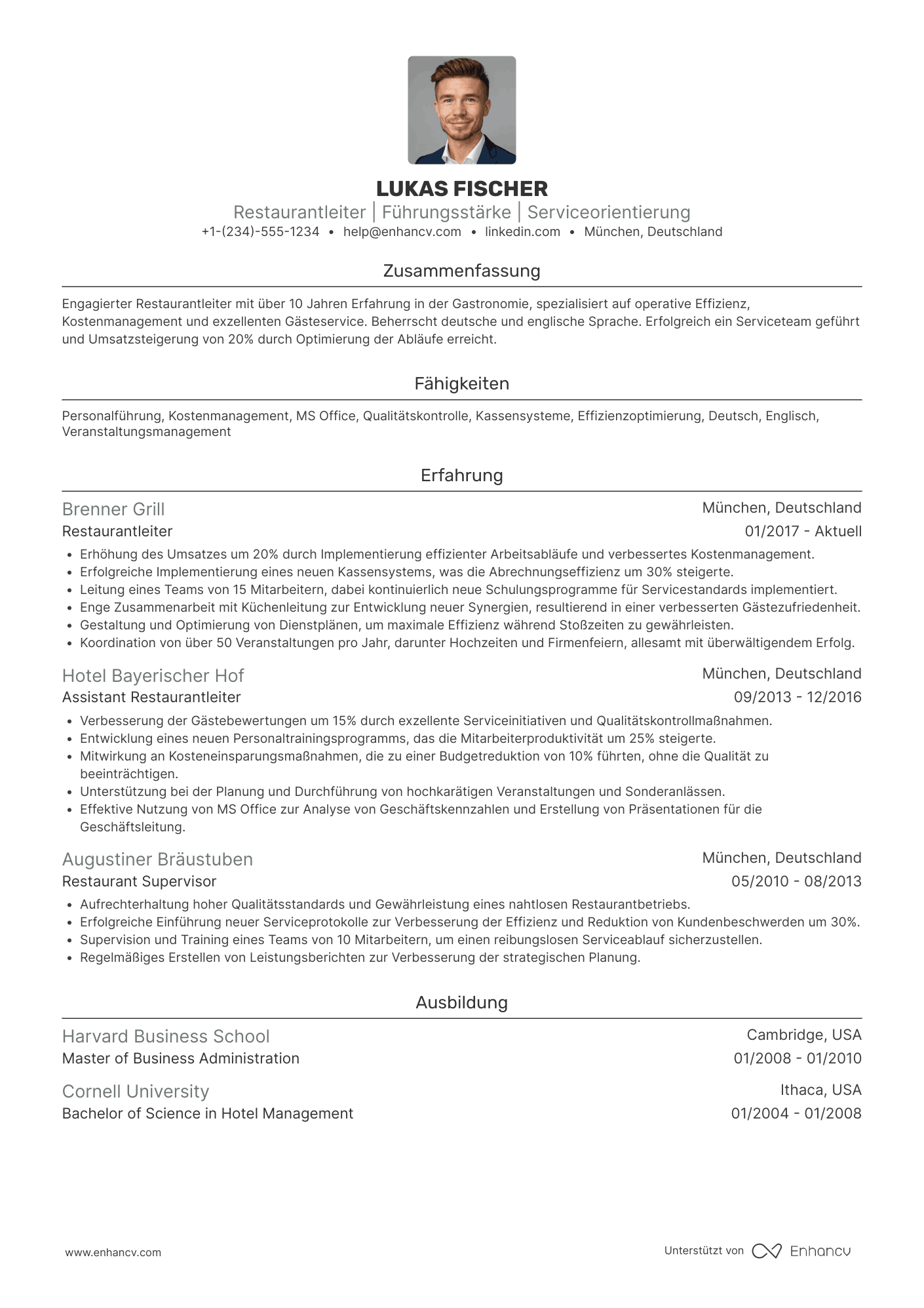 Lebenslauf Restaurantleiter Resume Example